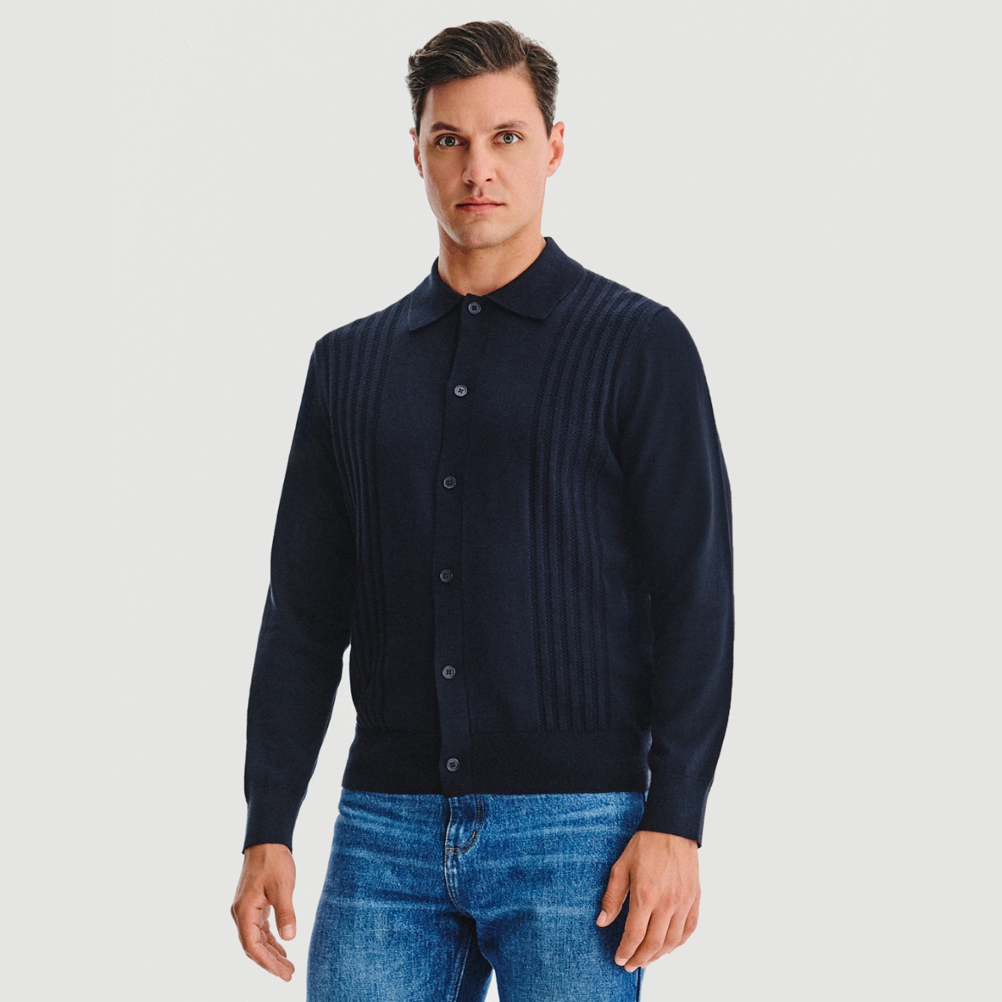 Tmavě modrý pánský kardigan s ozdobným prošíváním Pako Lorente vel L