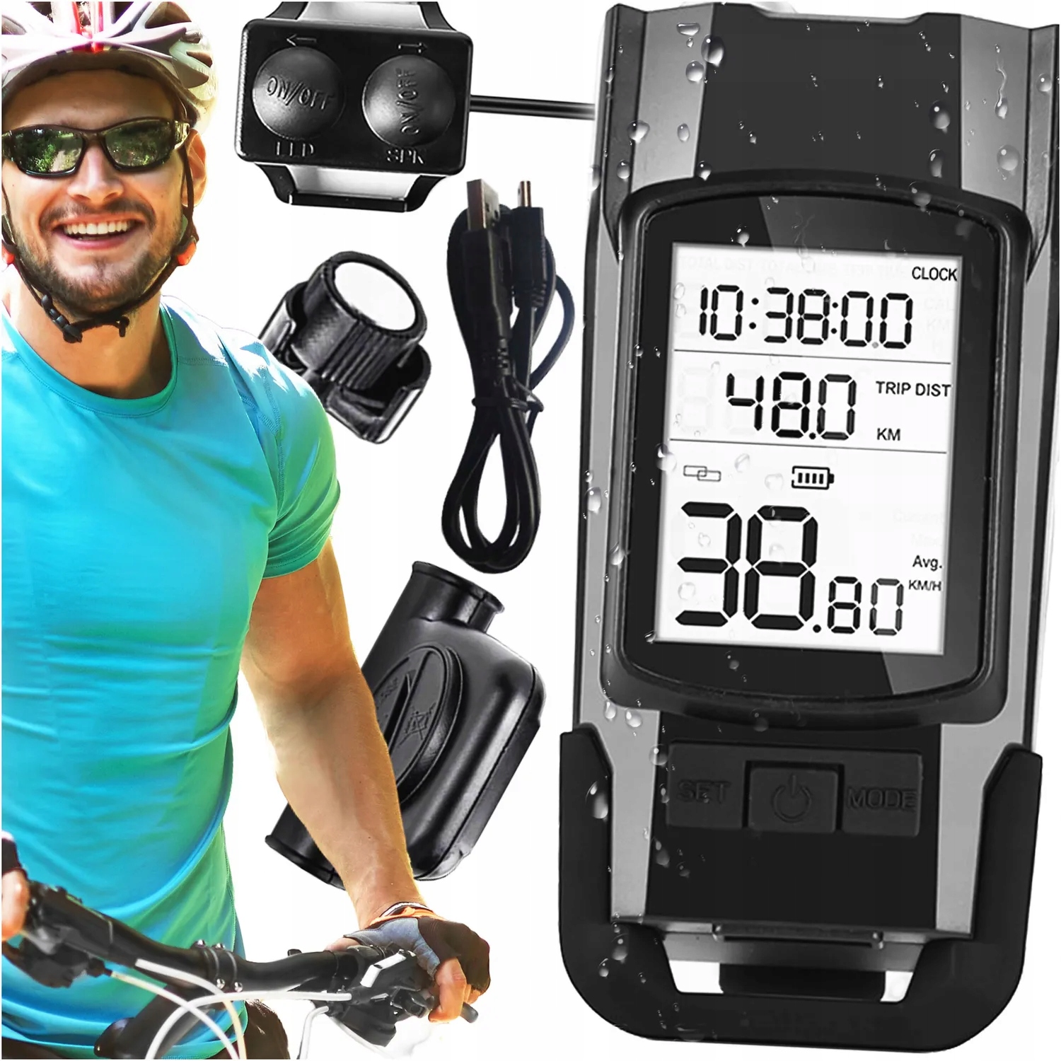 Lampka Rowerowa Przednia Z Licznikiem Dzwonek Klakson 3W1 Przód Led Aku Usb