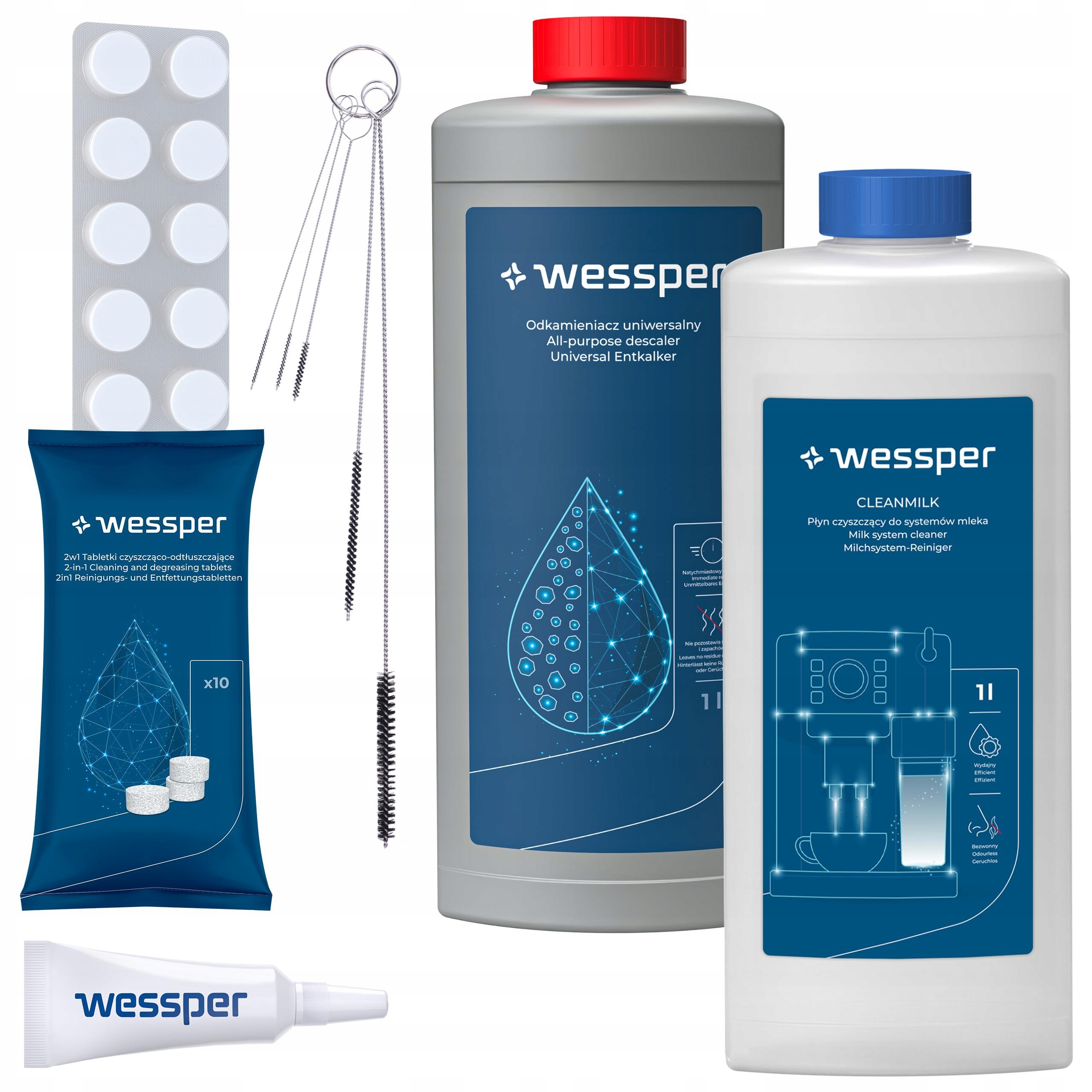Wessper: čisticí tablety pro odvápňovač do kávovaru, kapalina pro cirkulaci mléka