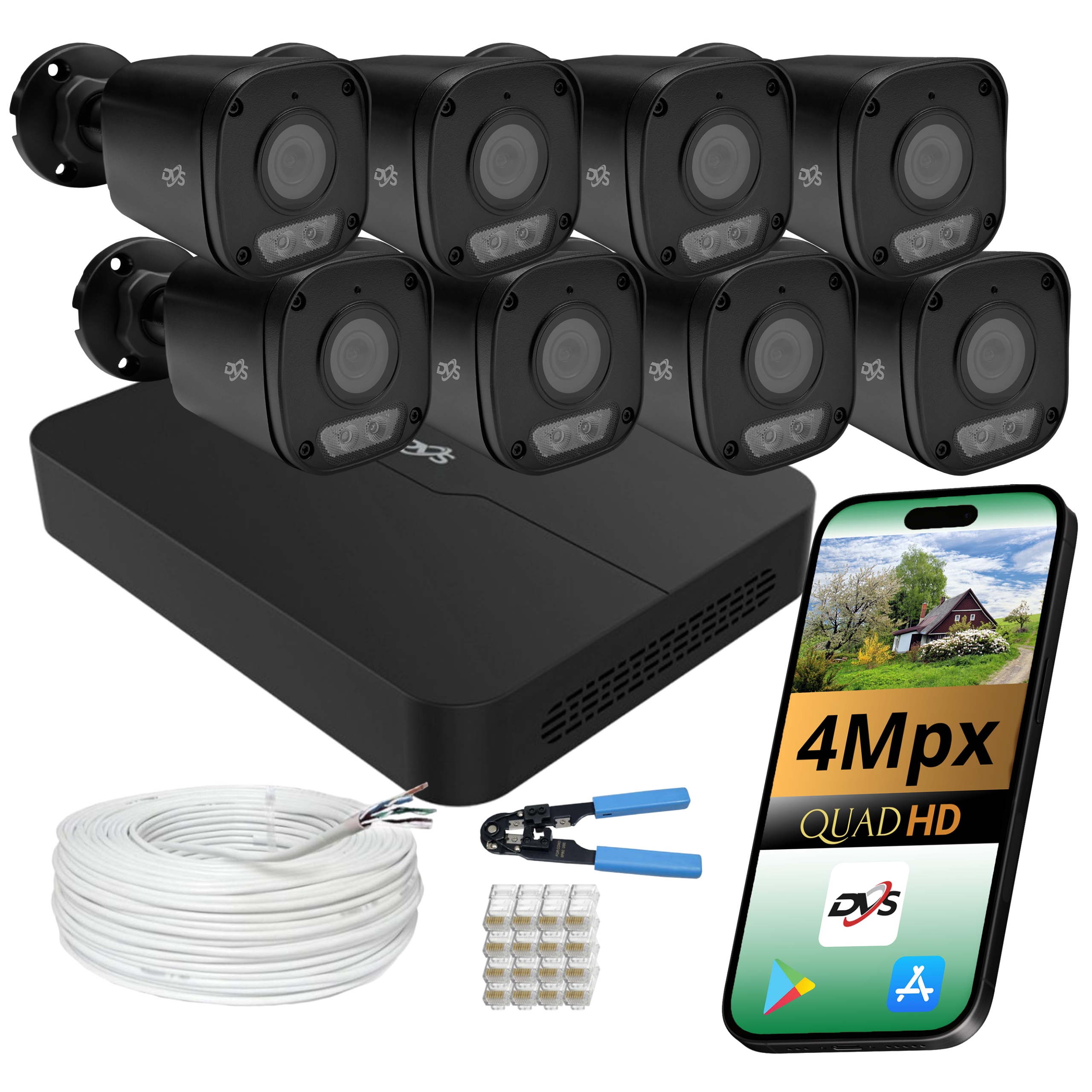 Sada 8 Tubových Kamer Dvs Ip PoE 4Mp Dual Light Černé pro monitorování domu