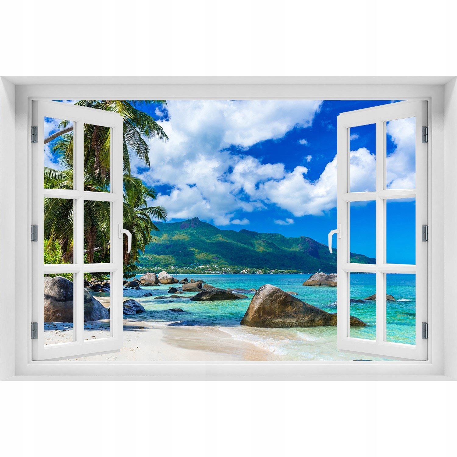 

Samoprzylepna Naklejka 3D Okno Seszele plaża 90x60