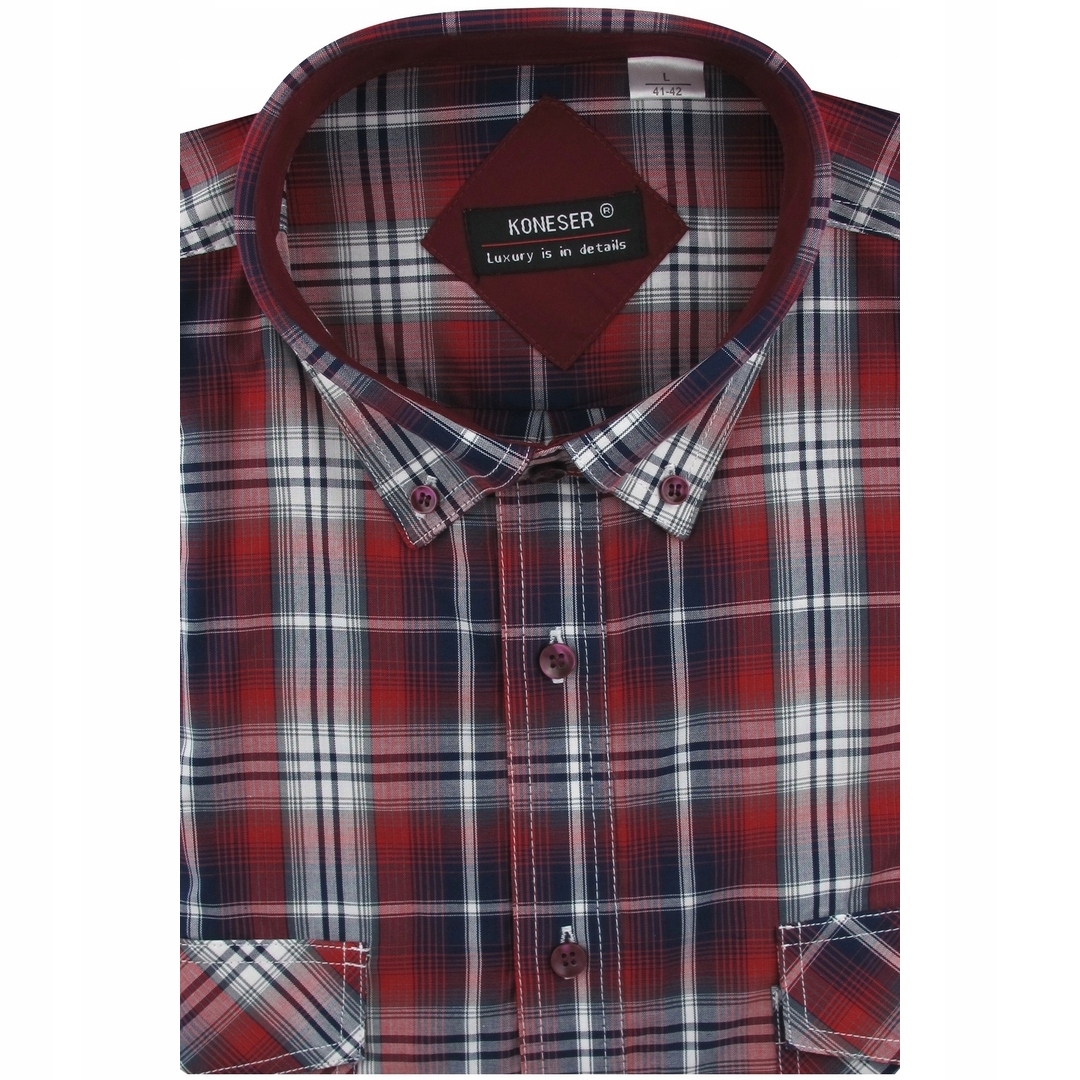 Koszula Męska Codzienna Bawełniana Casual czerwona w kratę Regular J581