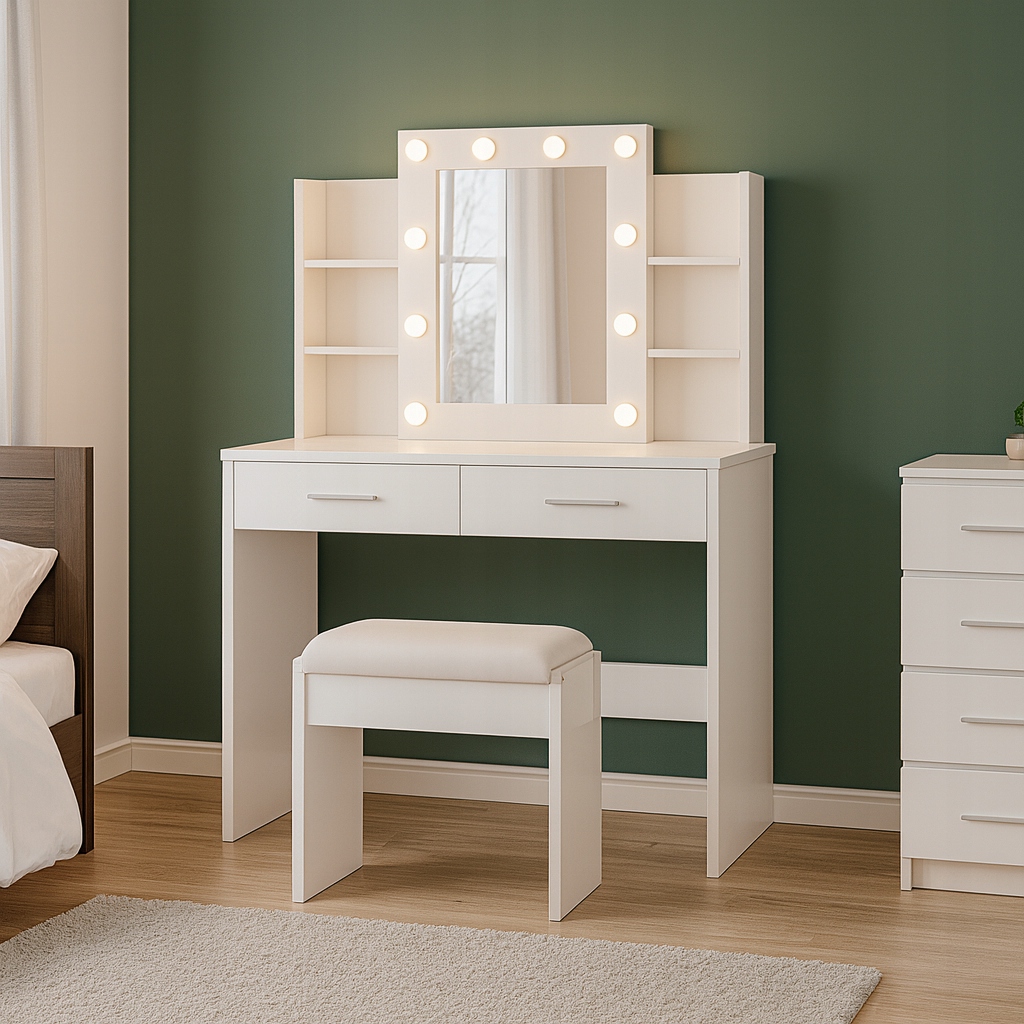 Bílý kosmetický Toaletní Stolek Se Zrcadlem a osvětlením Taburet CA-31