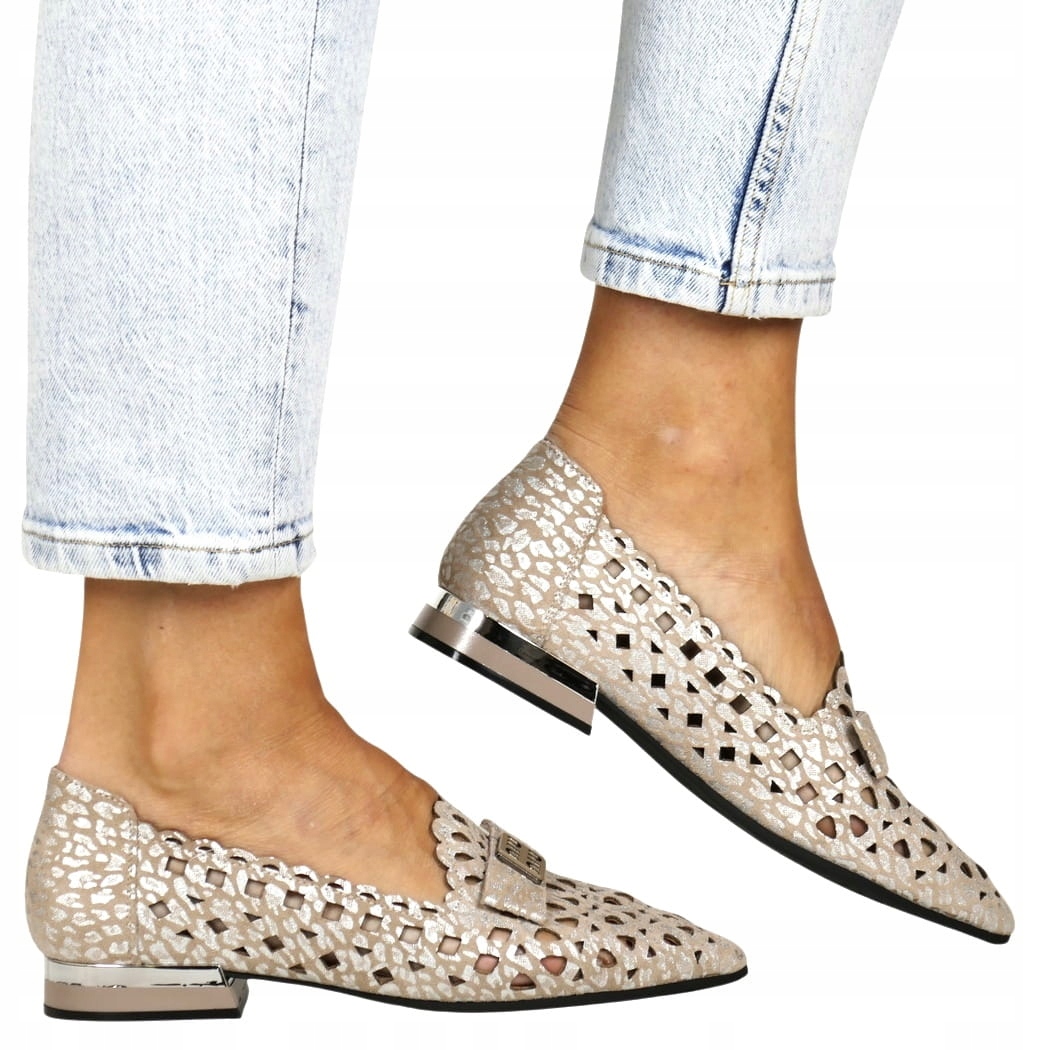 Baleríny Kožené Lodičky Na Nízkém Podpatku, Pohodlné, Béžové Boty