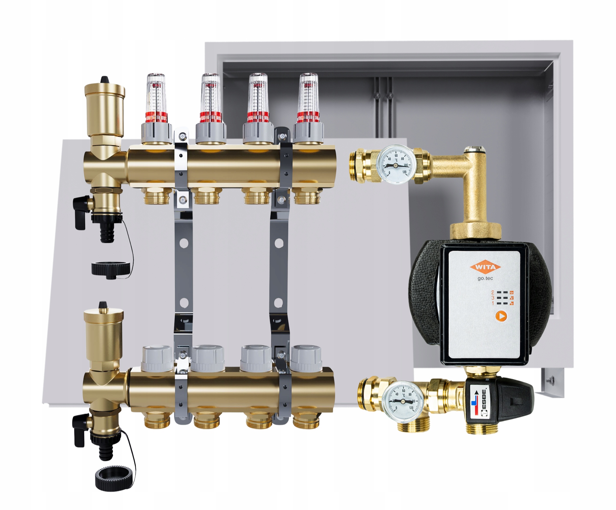 Rozdělovač pro podlahovou krytinu 4 okruhy s Wita skupinou podomítková skříňka