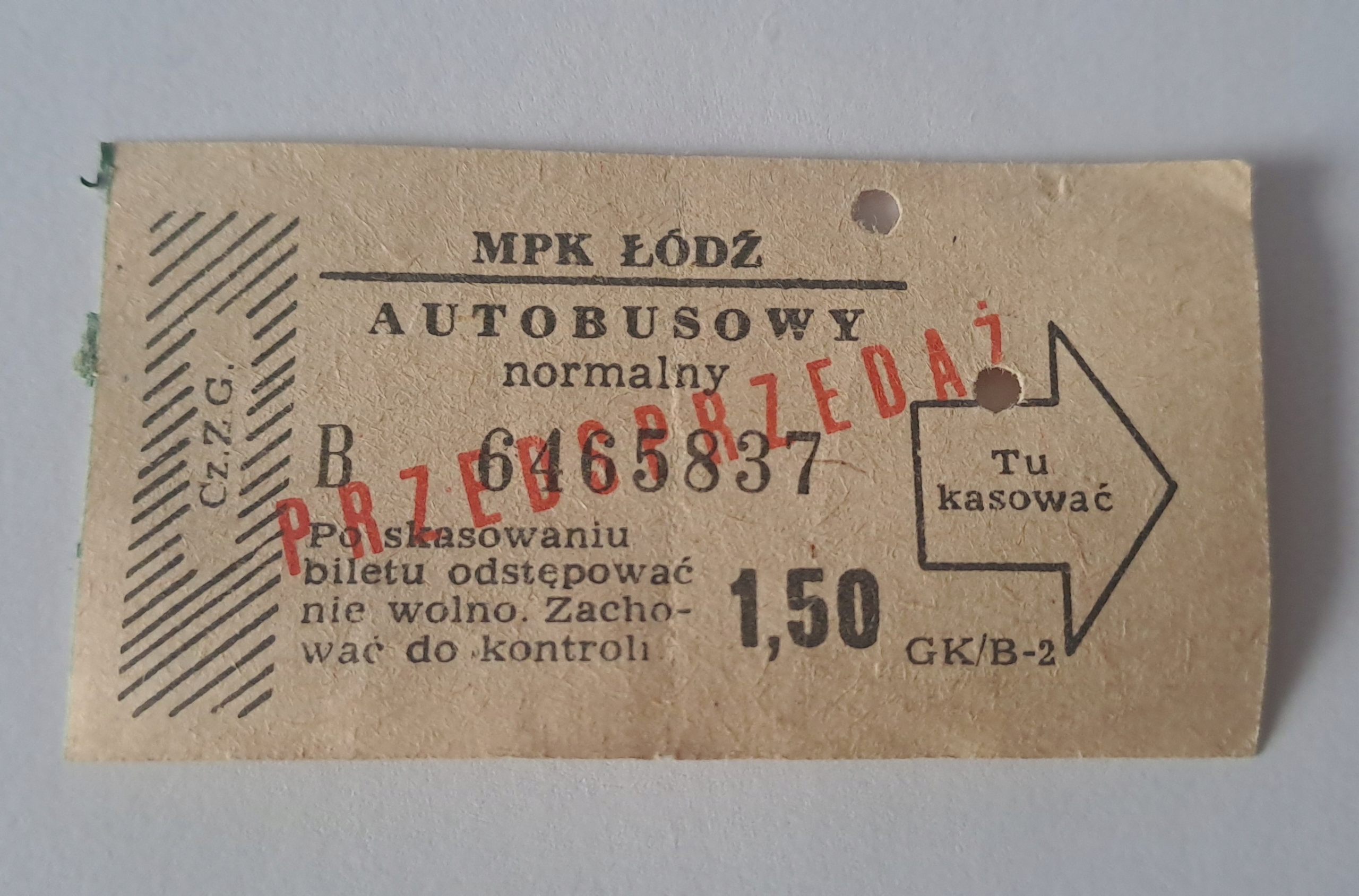 BILET MPK ŁÓDŹ PREDSPRZEDAŻ 1,50zł (B) AUTOBUS PRL