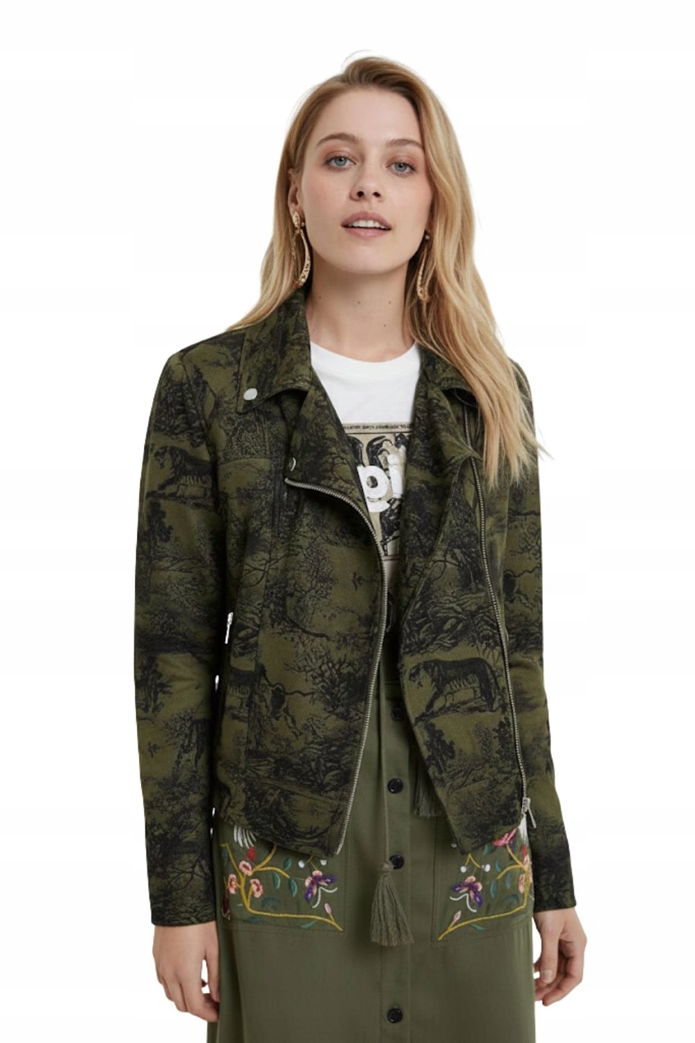 Dámská bunda Desigual s exotickým potiskem ramoneska khaki vel. 40