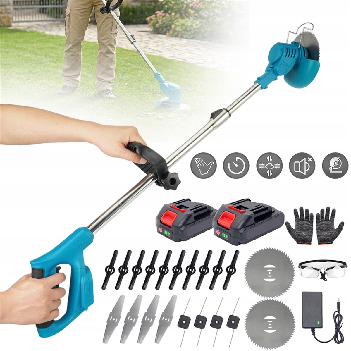 2x1500 mAh akumulátorová sekačka 800 W s 90° řezací hlavou a 4 čepelemi