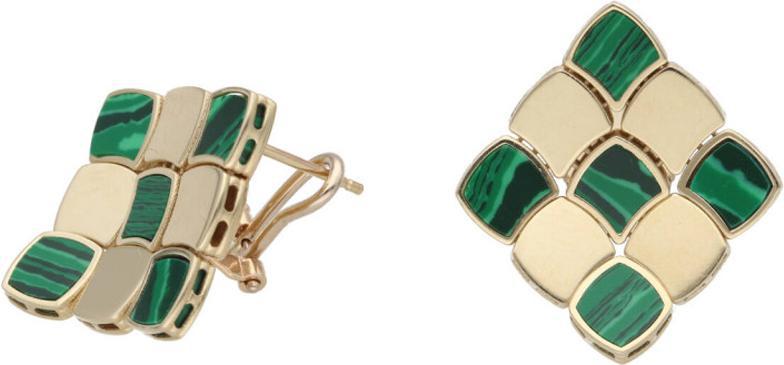 Zlaté náušnice 585 zeleno-zlaté kosočtverce elegantní vzor pro ni dárek