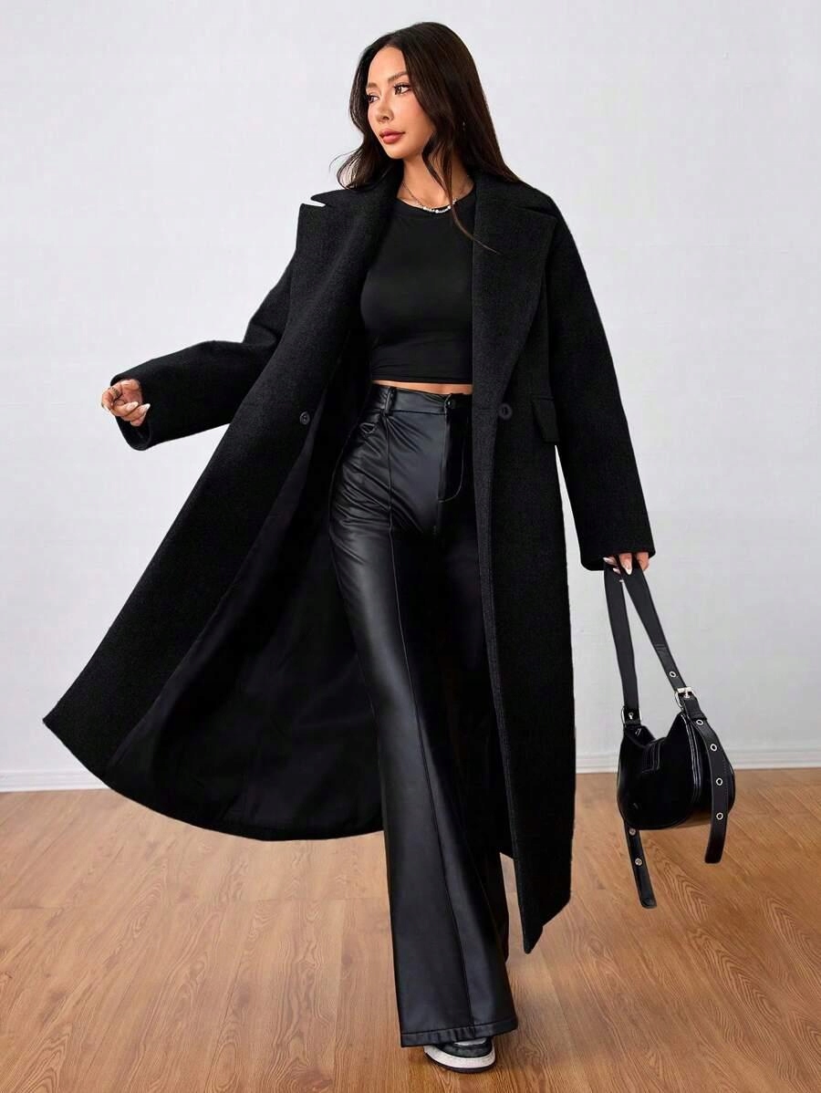 Shein Černý Kabát Knoflíky E9F S06__XXL