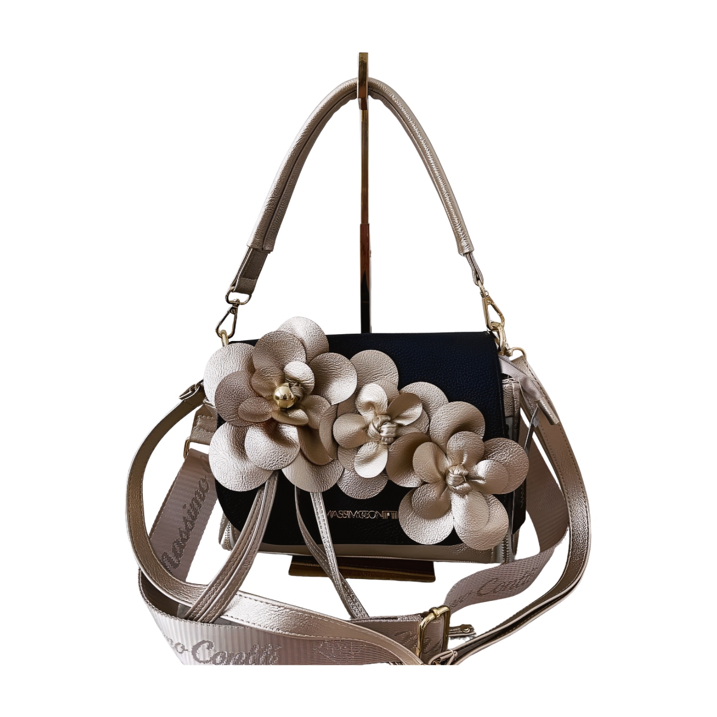 Massimo Contti kabelka přes rameno zlatá s černými květy, zip