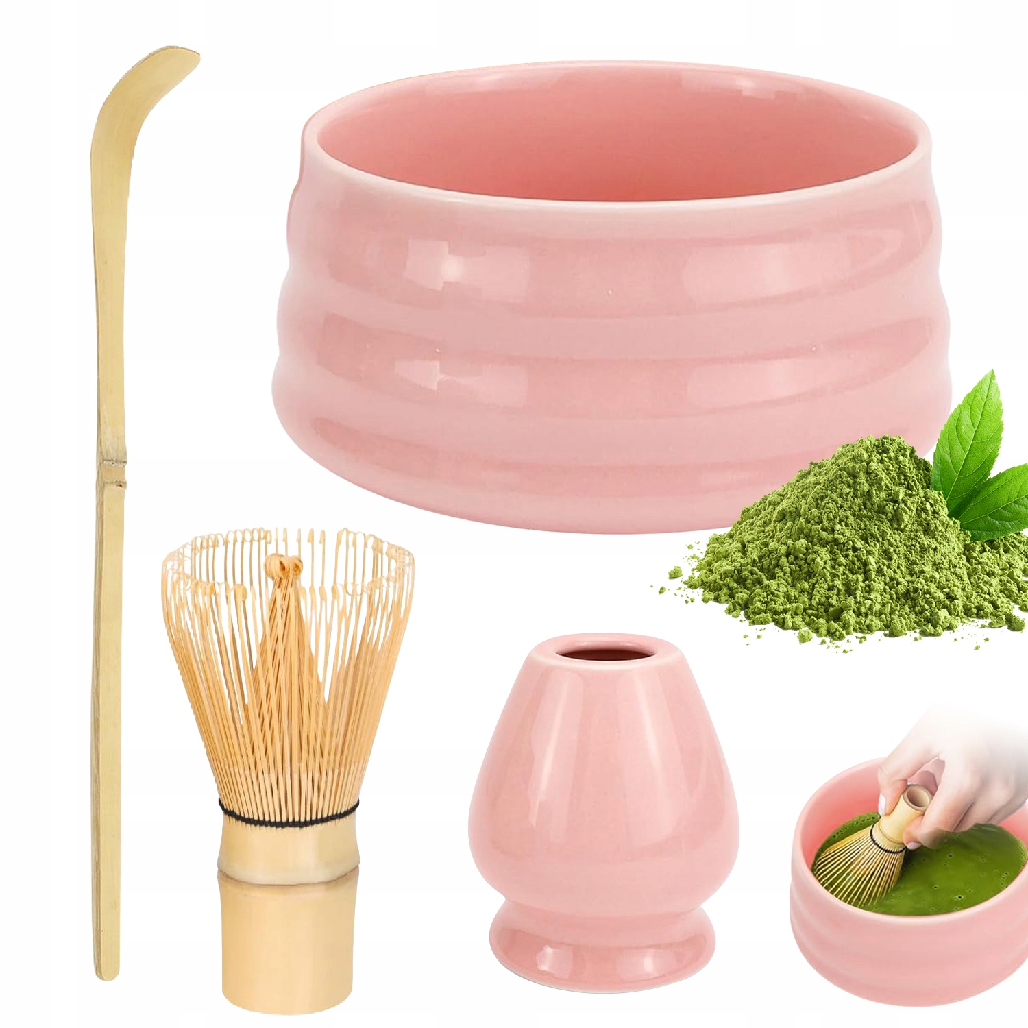 Levně Sada Matcha Nářadí Keramická Miska Bambusová Metla Stojan