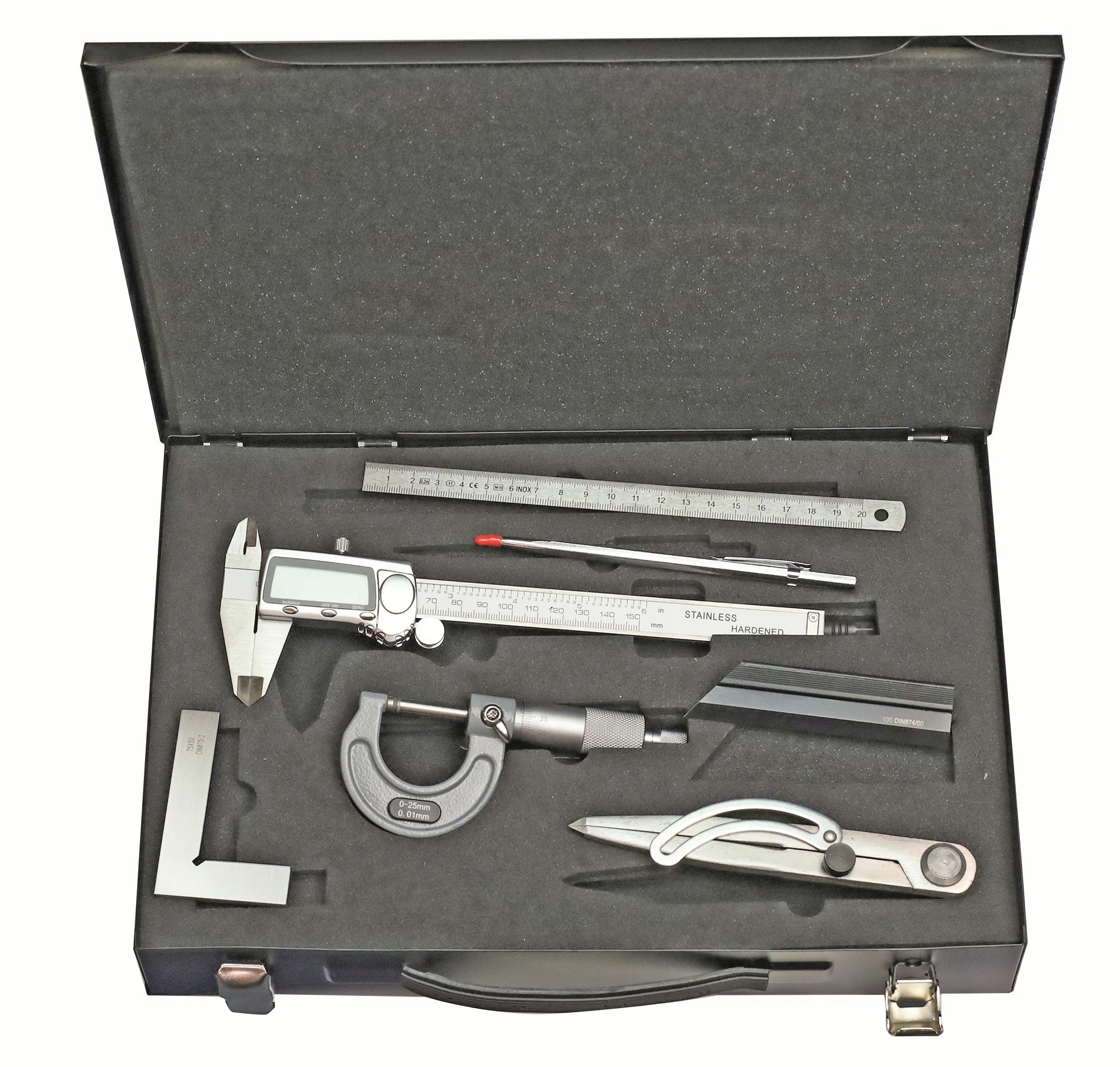 SUWMIARKA + MIKROMETR + LINIAŁ + KĄTOWNIK + LINIJKA + RYSIK ZESTAW