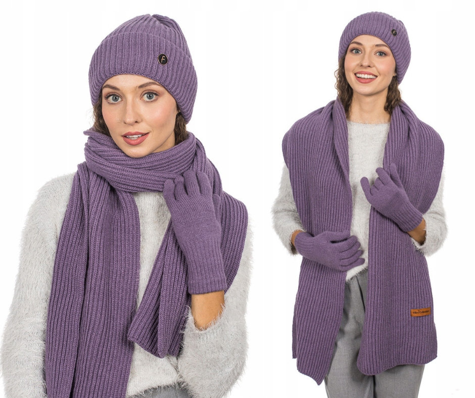 Dámská sada: čepice šála a rukavice, zimní fialová, polský výrobce