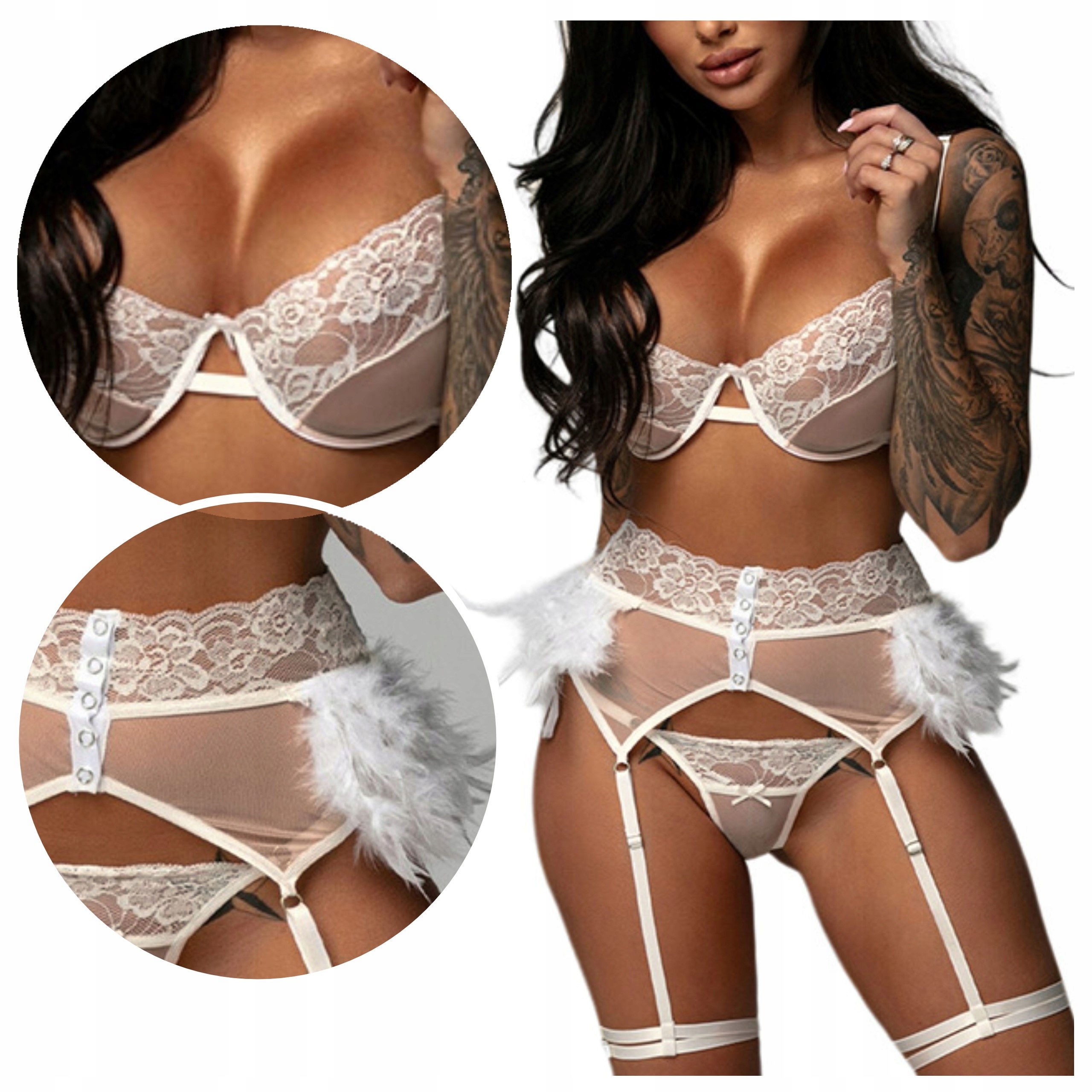 Komplet BIELIZNA damska biustonosz pas podwiązki stringi PIÓRKA S ecru Rozmiar S
