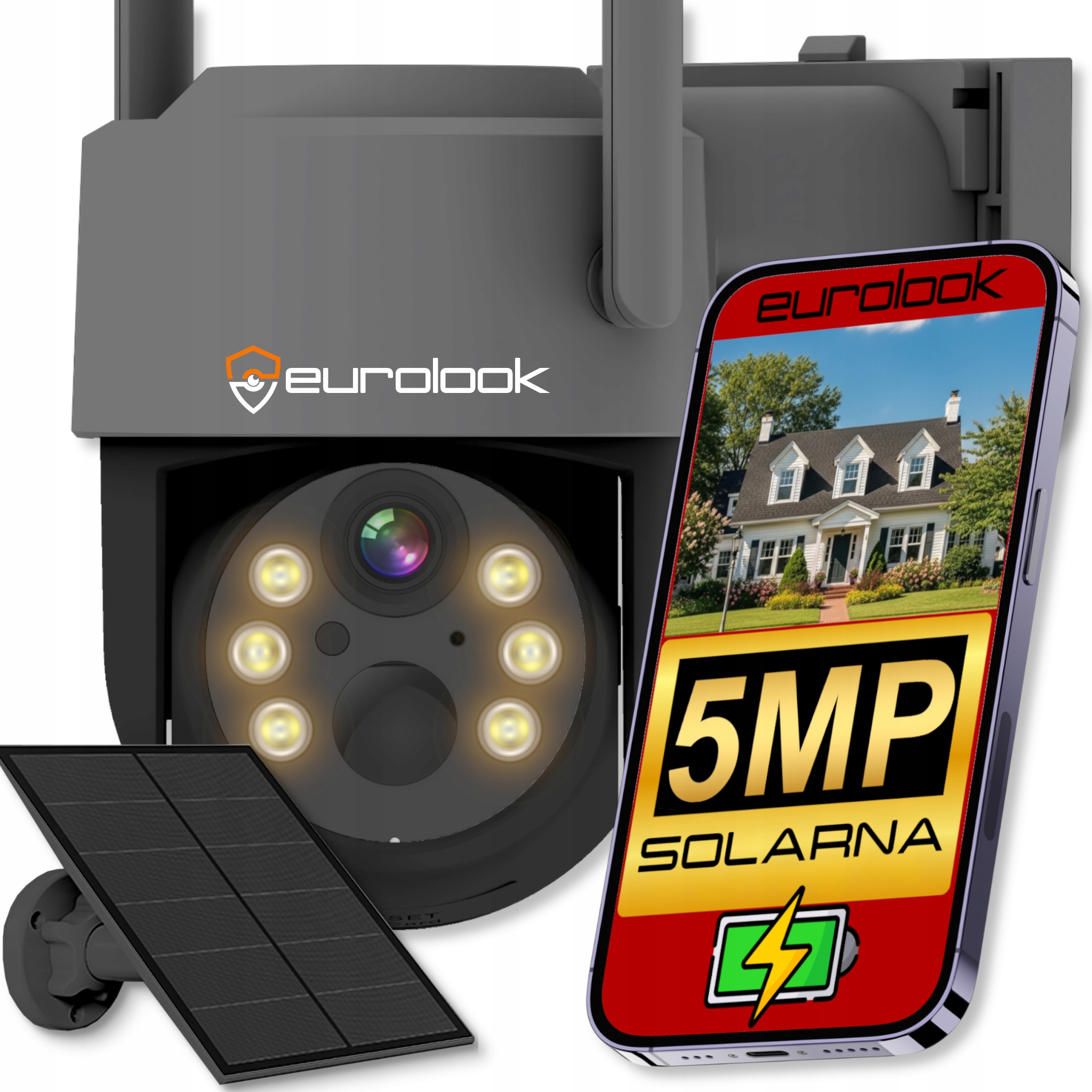 Solarna kamera WiFi 4Mpx smart zewnętrzna obrotowa IP bezprzewodowa szara