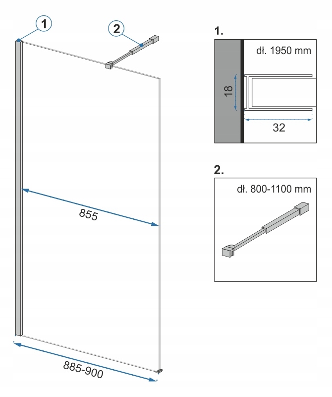 Sprchová stěna AERO 90x195 lehká Walk in REA Kratší strana 90 cm