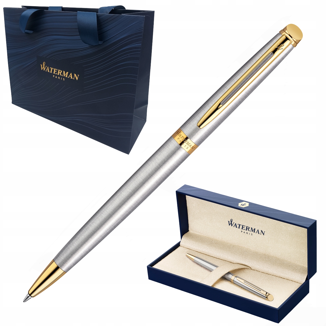 Długopis Waterman Hemisphere Wąski Stalowy Złote Detale Etui Torebka