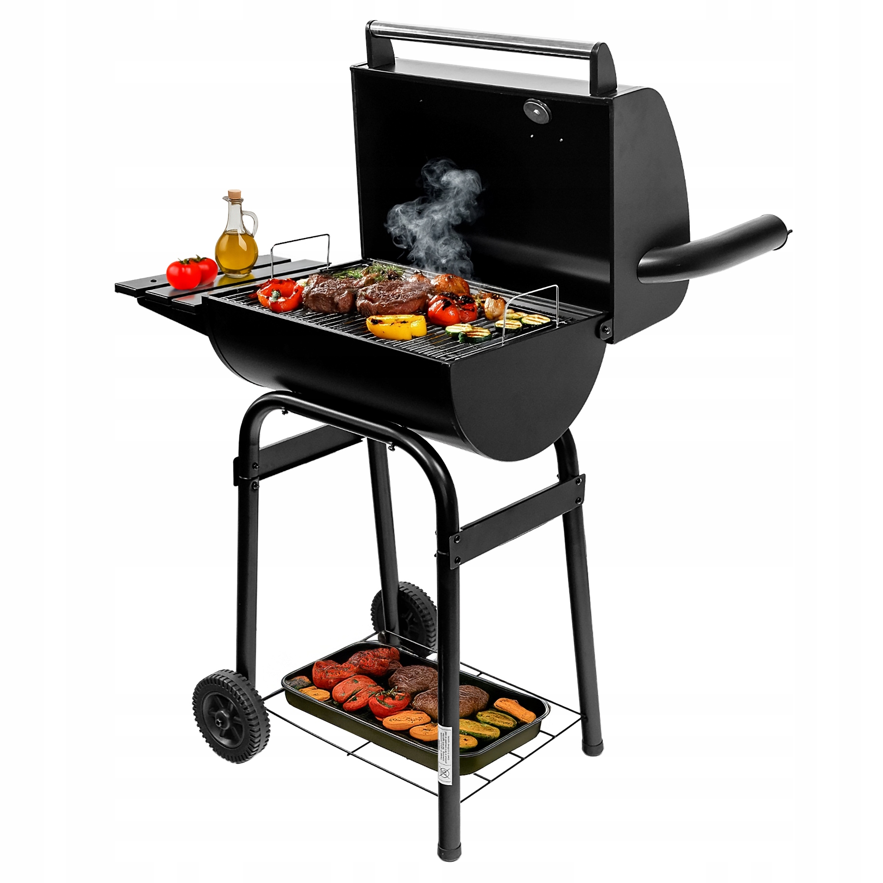 Zahradní Uhlíkový Gril Velký Sud s krytem Komínovým Teploměrem 2 Rošty