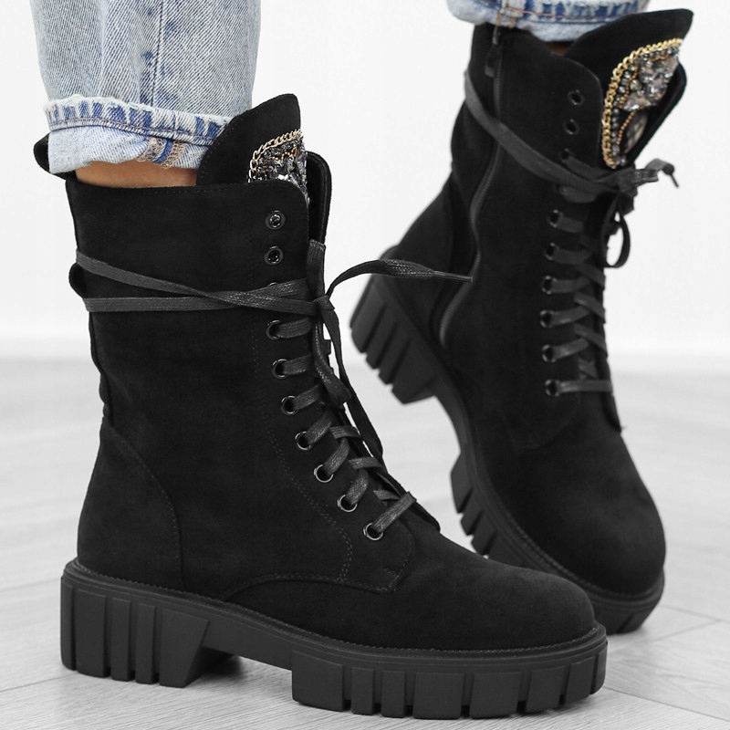 Černé dámské kotníkové boty zateplené semišové boty s pohodlnými sáčky s krystaly