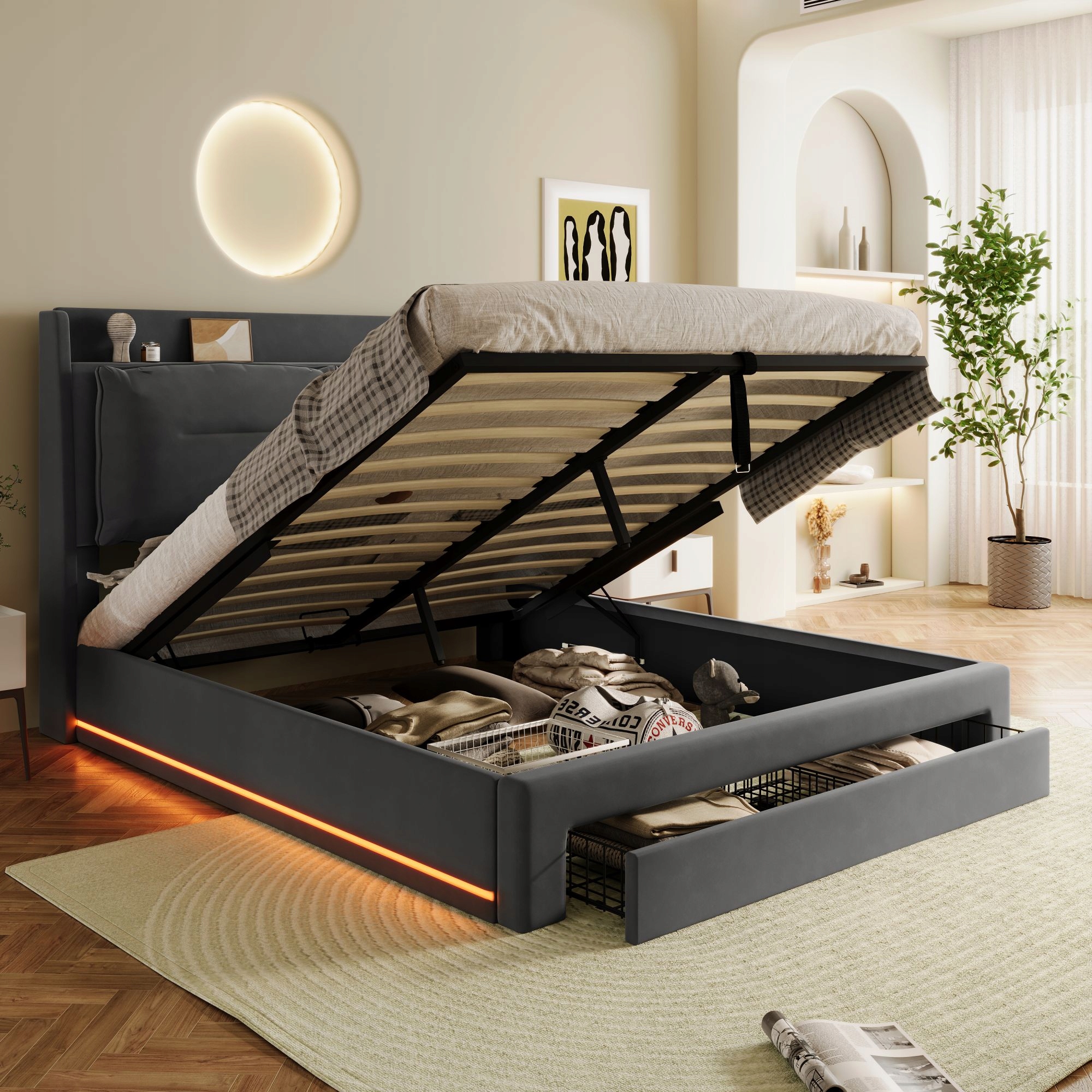Měkká postel 140*190, hydraulické lůžko šuplík vedená Led šedou barvou
