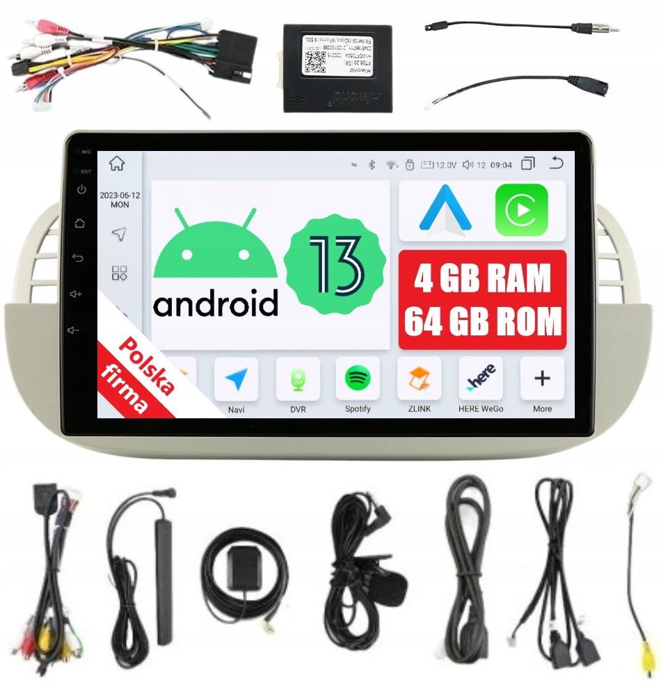 Navigácia Rádio 2DIN Android Fiat 500 4/64 Gb Dsp Carplay Lte Qled