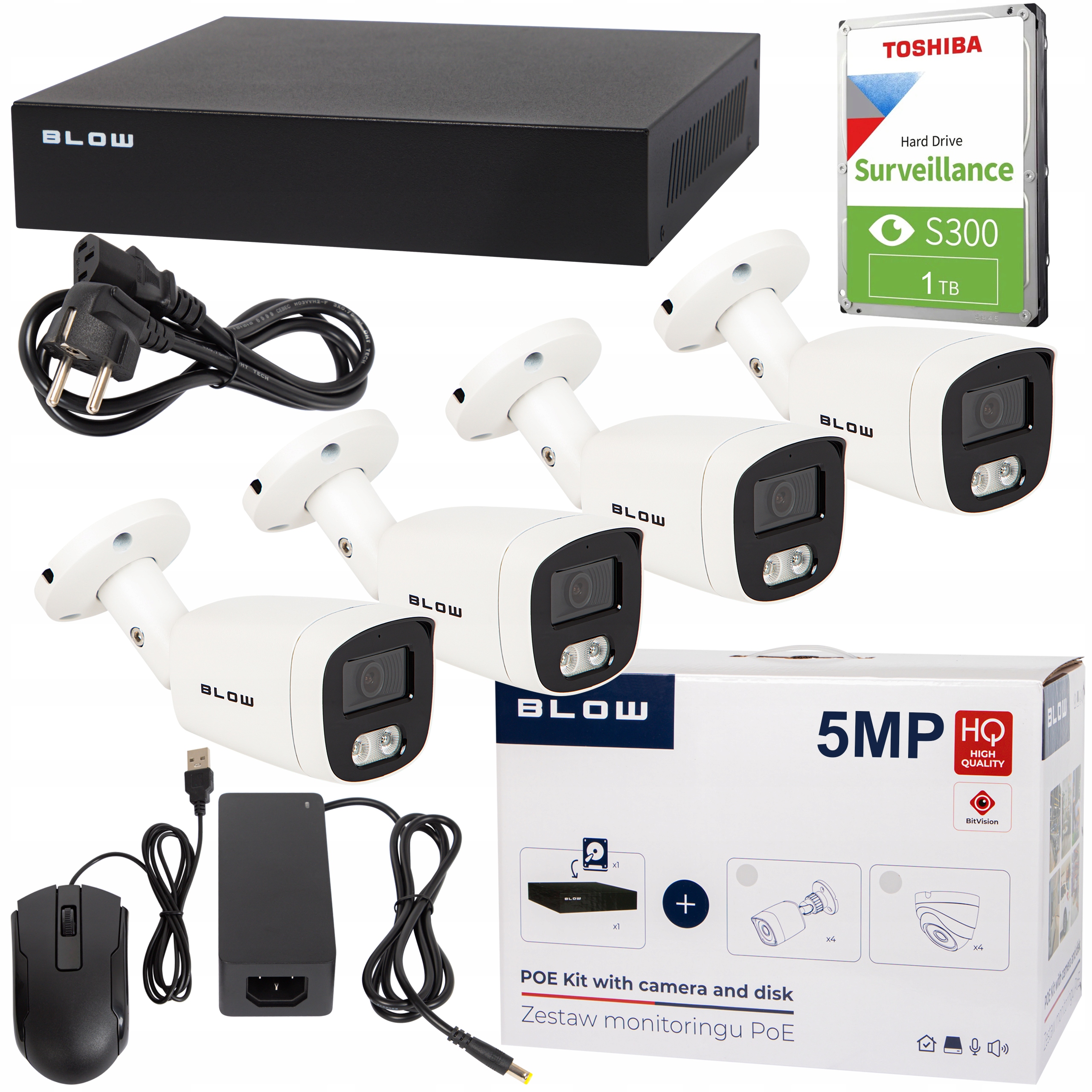 Monitorovacia Sada PoE Blow 4x5MP 1TB 4x 5MP Kamery Tubový Disk HDD1TB