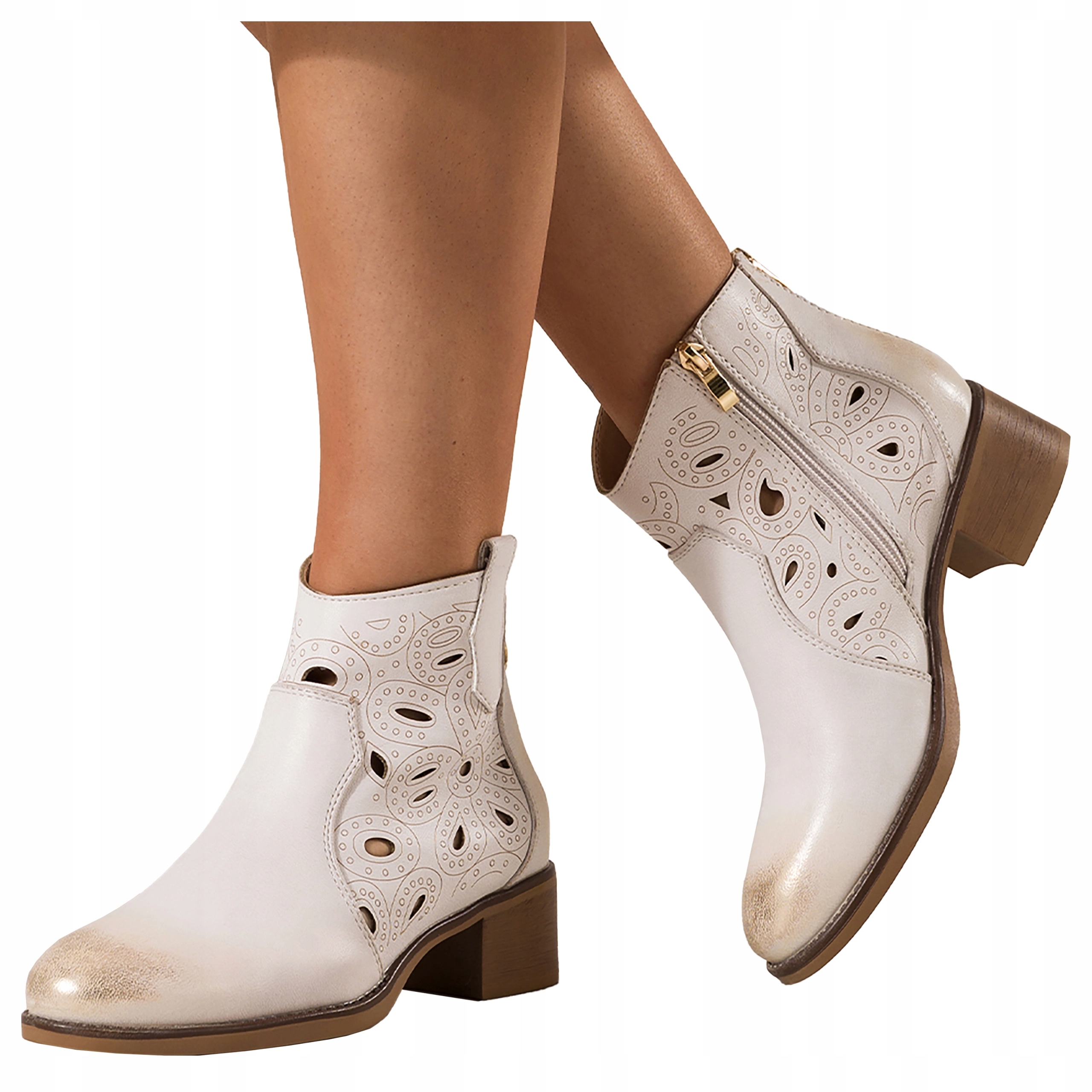 Béžové dámské kotníkové boty Kovbojské Boty Ažurové na širokém podpatku Zámek vel. 38