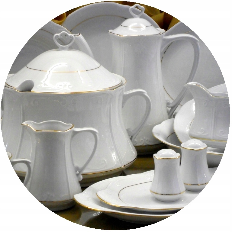 051 Serwis Obiadowo-kawowy 12/72 Złota Linia Kamelia Malcer Porcelana