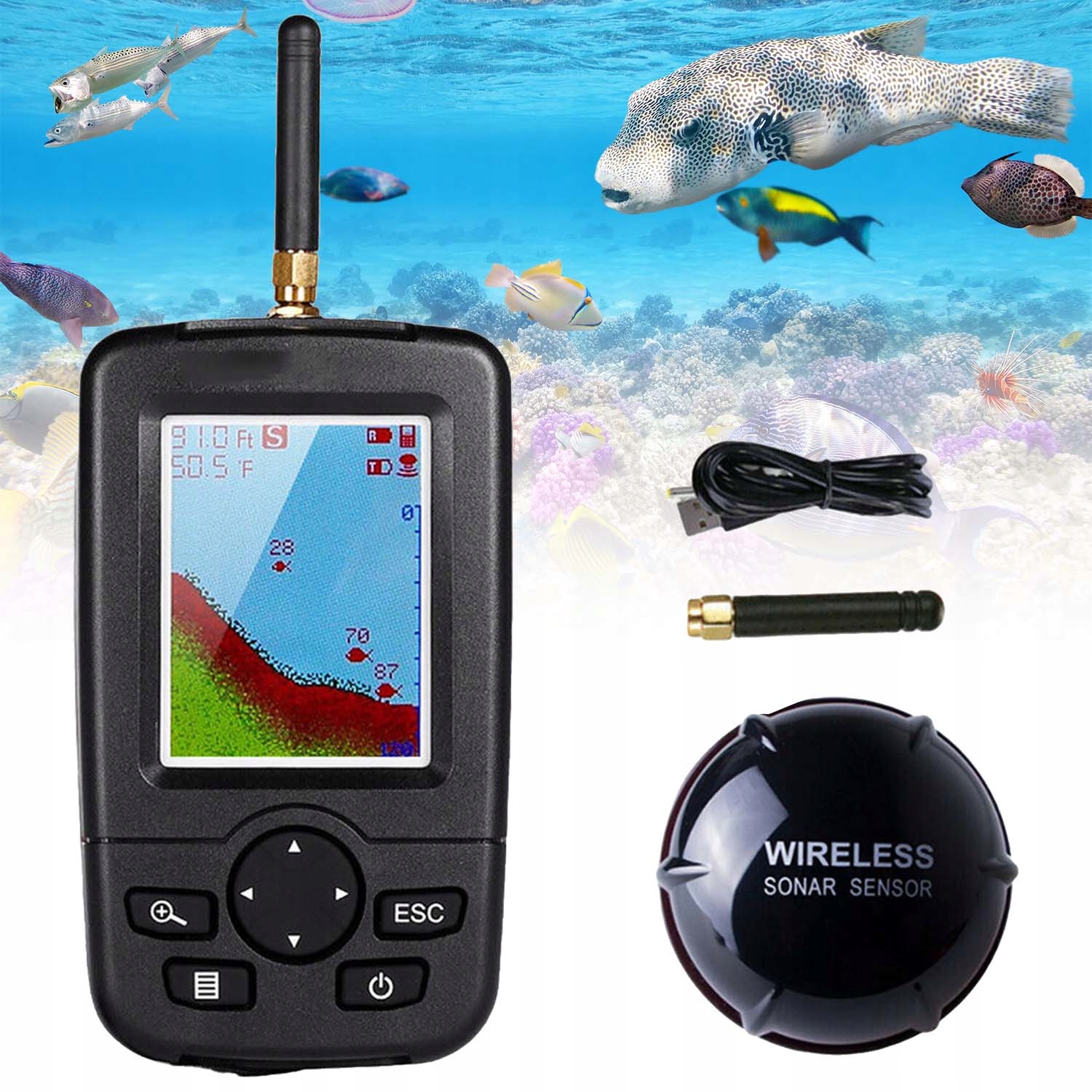 Detektor Ryb Sonar Bezprzewodowa Echosonda 100M Wędkarski Sonar LCD