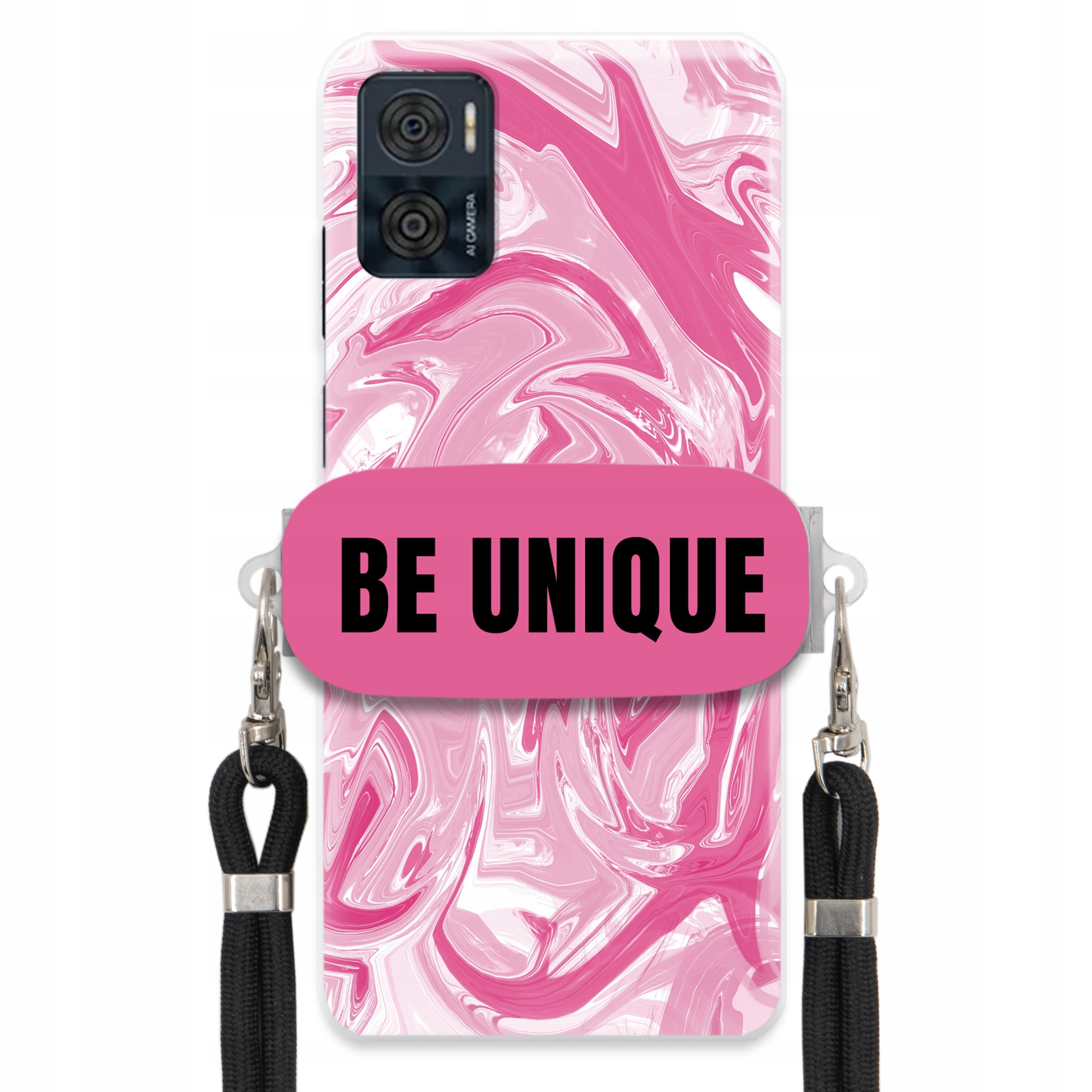 Puzdro pre Motorola E22 držiak na šnúrku Čierna Ružová Mramor Be Unique