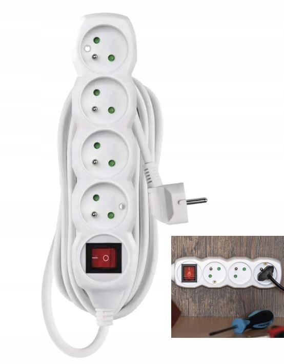 PRZEDŁUŻACZ LISTWA ZASILAJĄCA WYŁĄCZNIK UZIEMIENIE 4 GNIAZDA 5 m