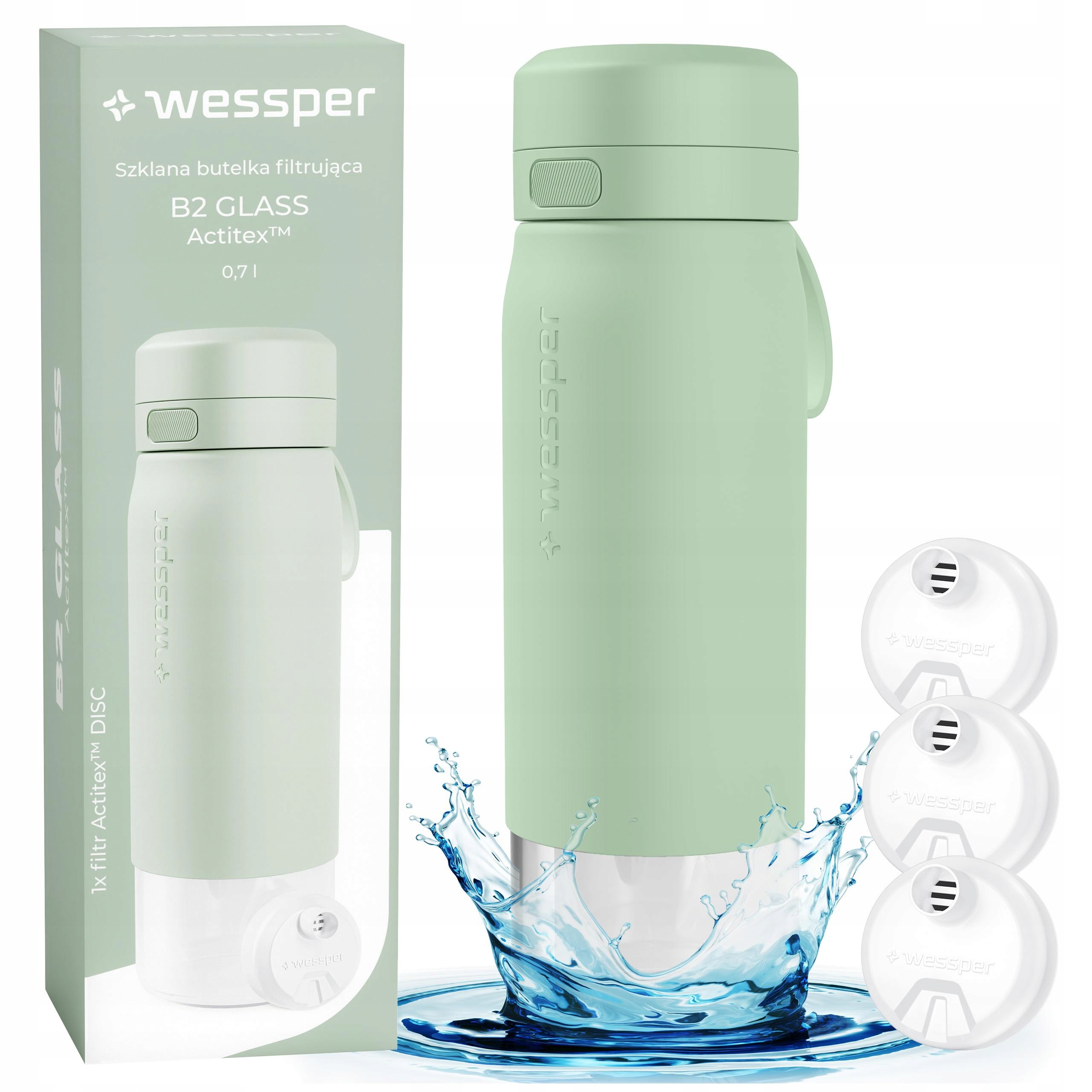 Skleněná filtrační láhev láhev na pití na vodu Wessper B2 Actitex 0,7L 3x filtr