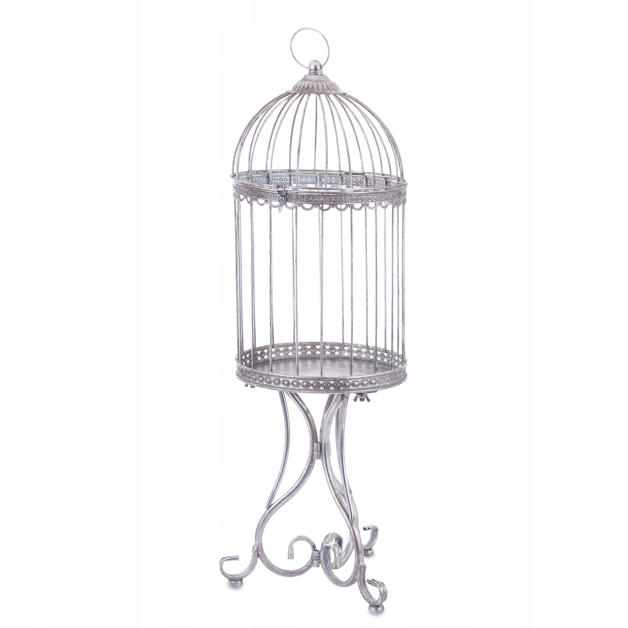 Strieborná dekoratívna stojaca kovová klietka na nohe, retro svietnik