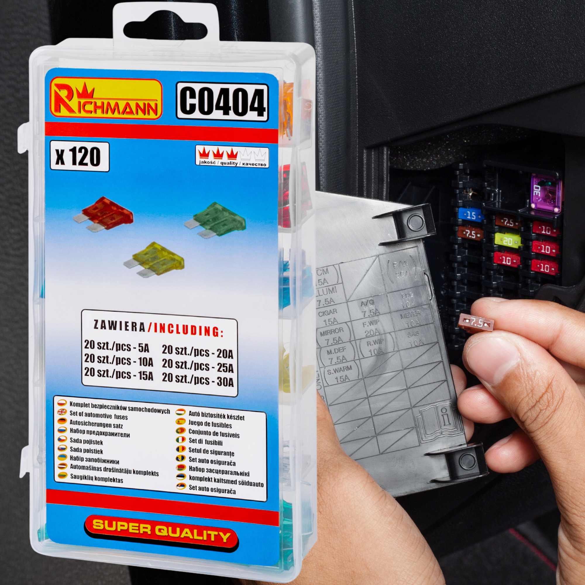 ZESTAW KOMPLET BEZPIECZNIKÓW SAMOCHODOWYCH STANDARD 120SZT RICHMANN C0404 Natężenie Zestaw mieszany