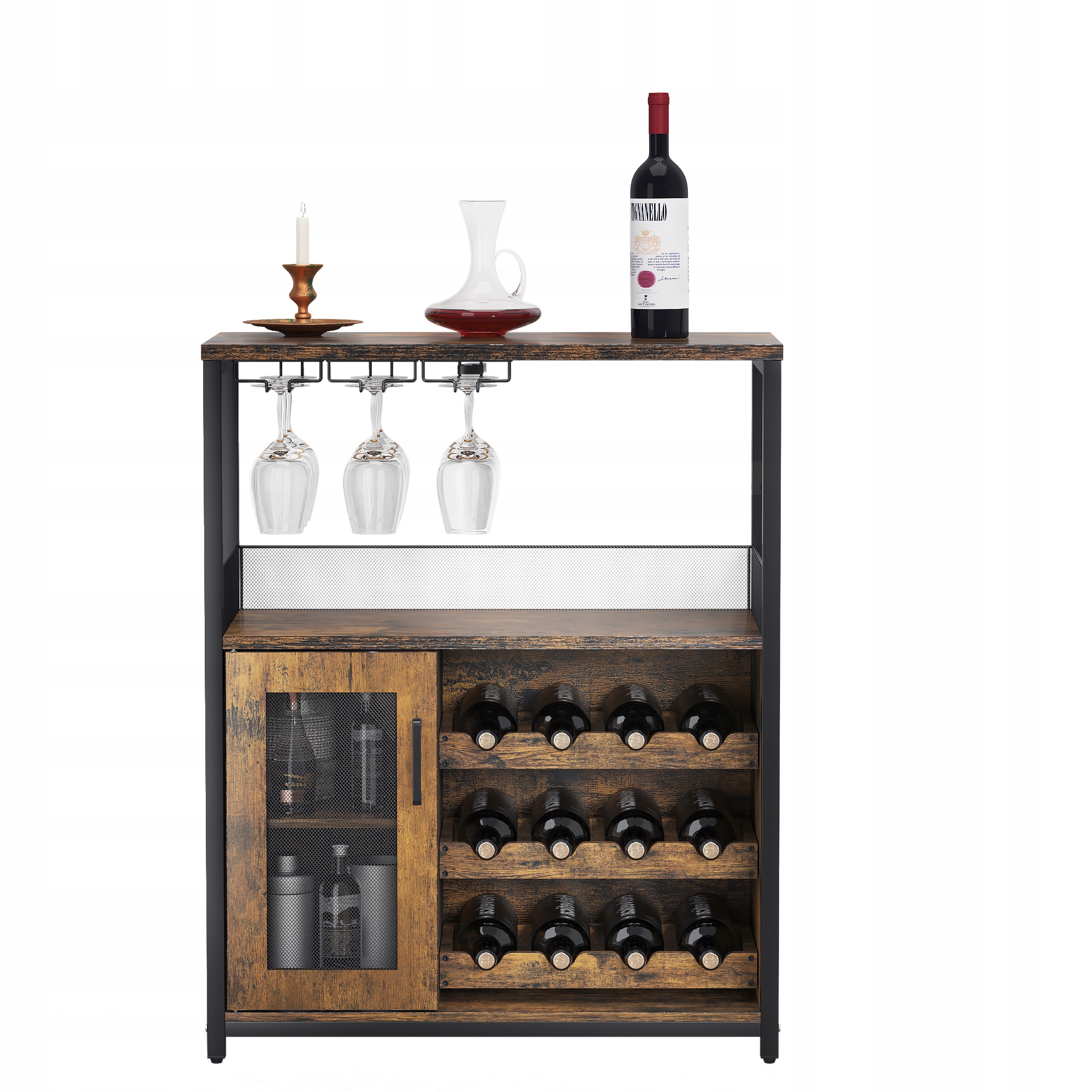 Třípatrová vinotéka, stojan na 12 lahví vína se skleněnými dveřmi, Retro styl, bez osvětlení
