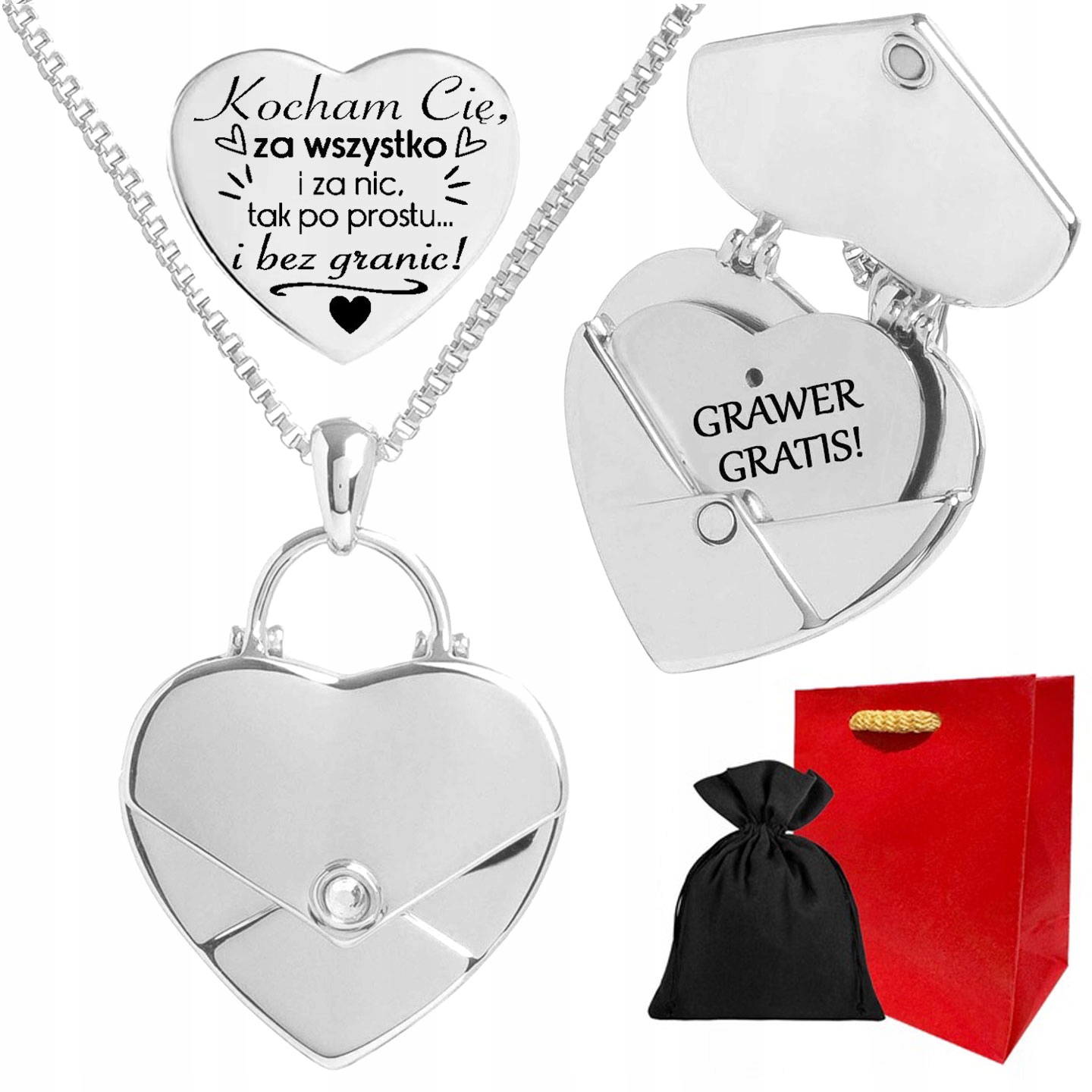 Naszyjnik z Grawerem koperta Serce Dla Niej srebrny Grawer