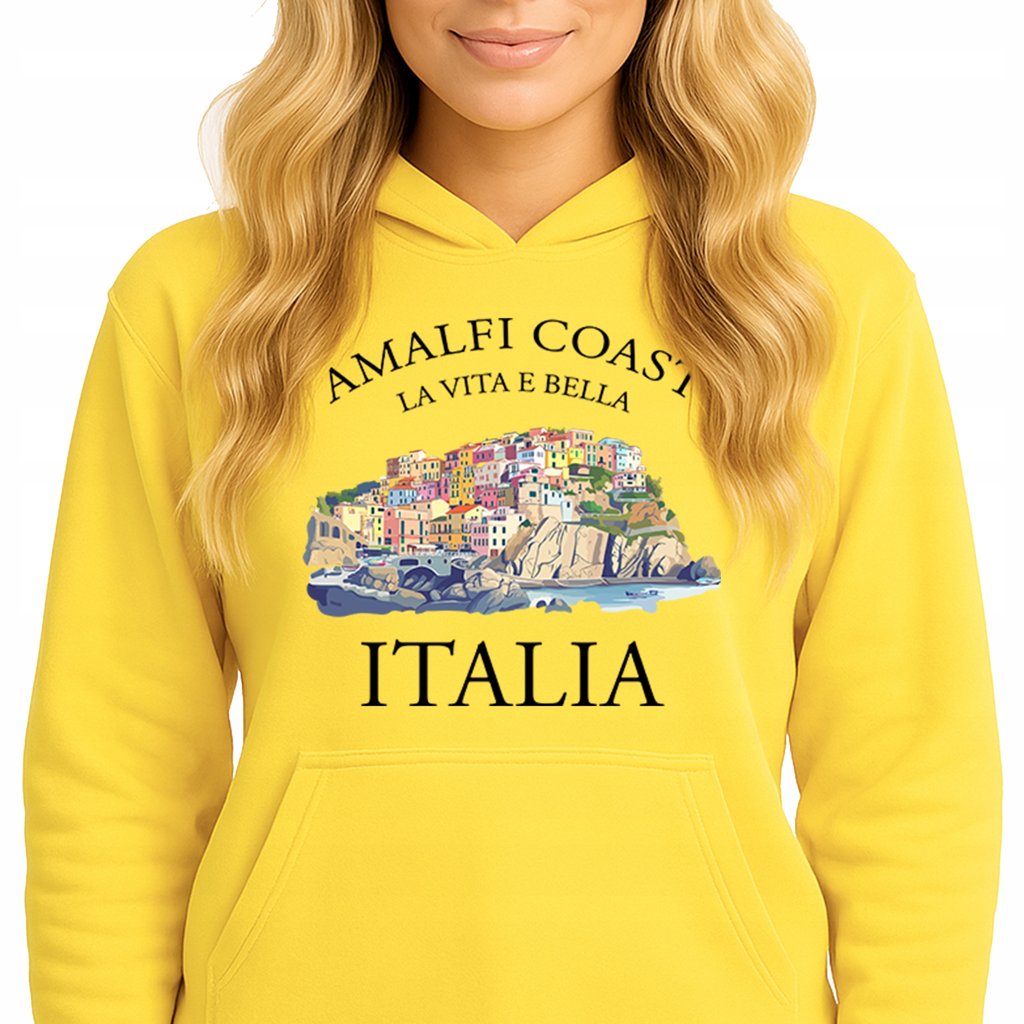 Mikina S Kapucí Žlutá Bavlněná Mikina Módní Amalfi Coast Italia Vel M