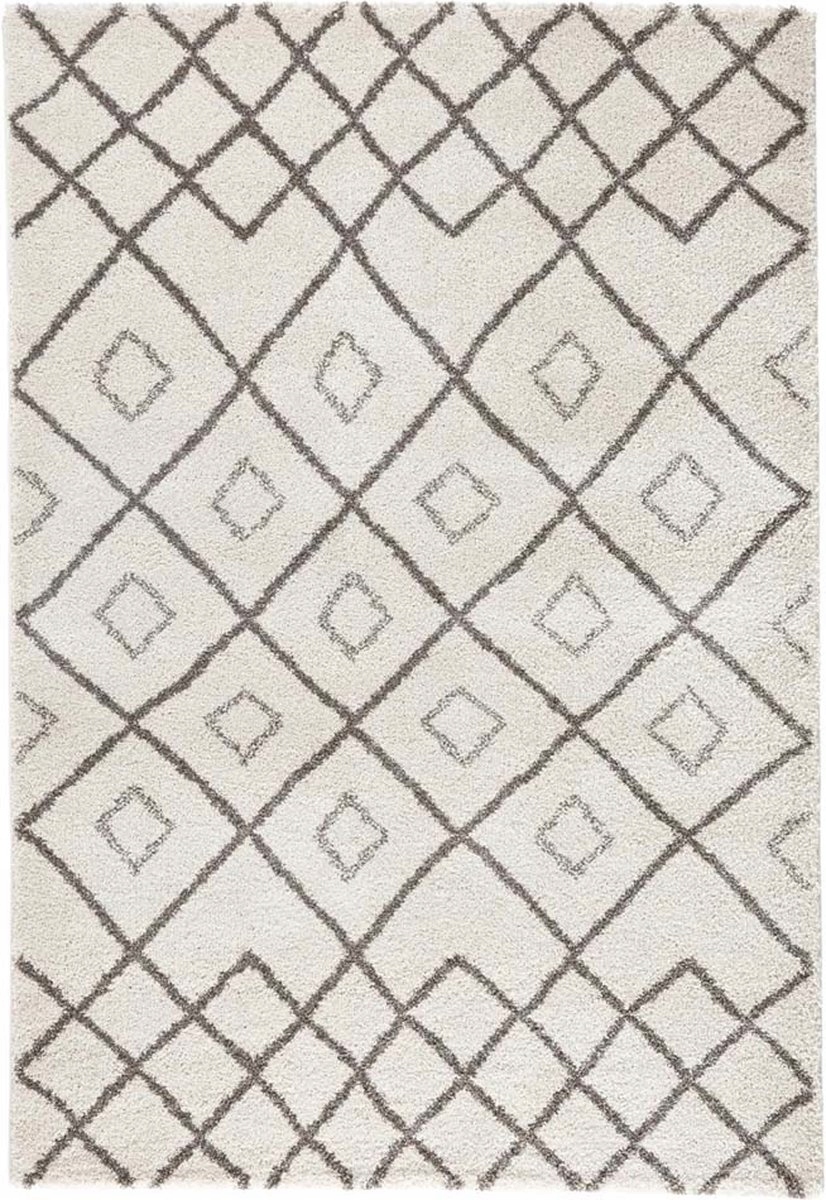 Krémovo béžový hrubý koberec shaggy, koberec do obývačky, boho vzor 160 x 230 cm