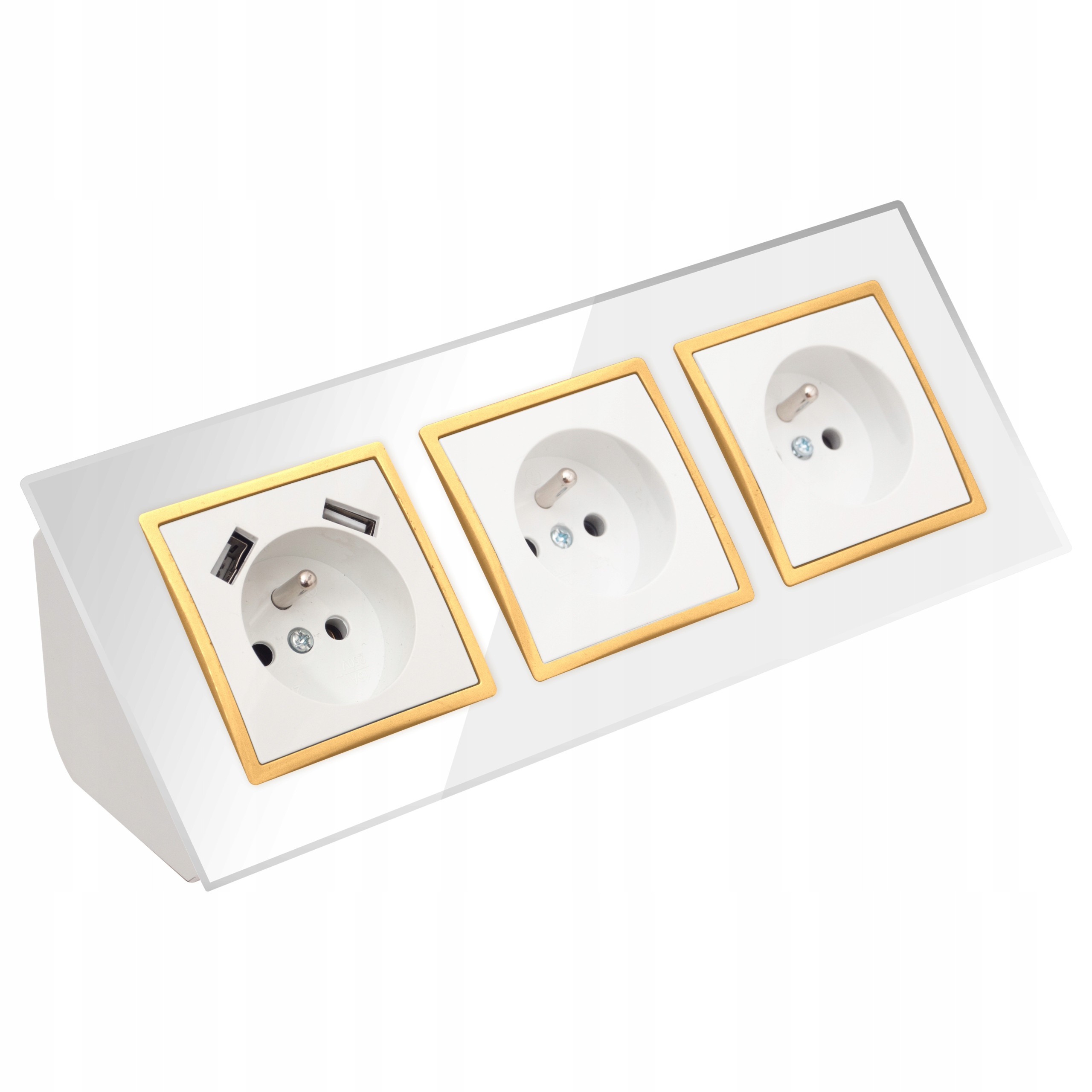 Gniazdo Potrójne Szklane Meblowe Narożne USBX2 Biurkowe Białe Złote Listwa