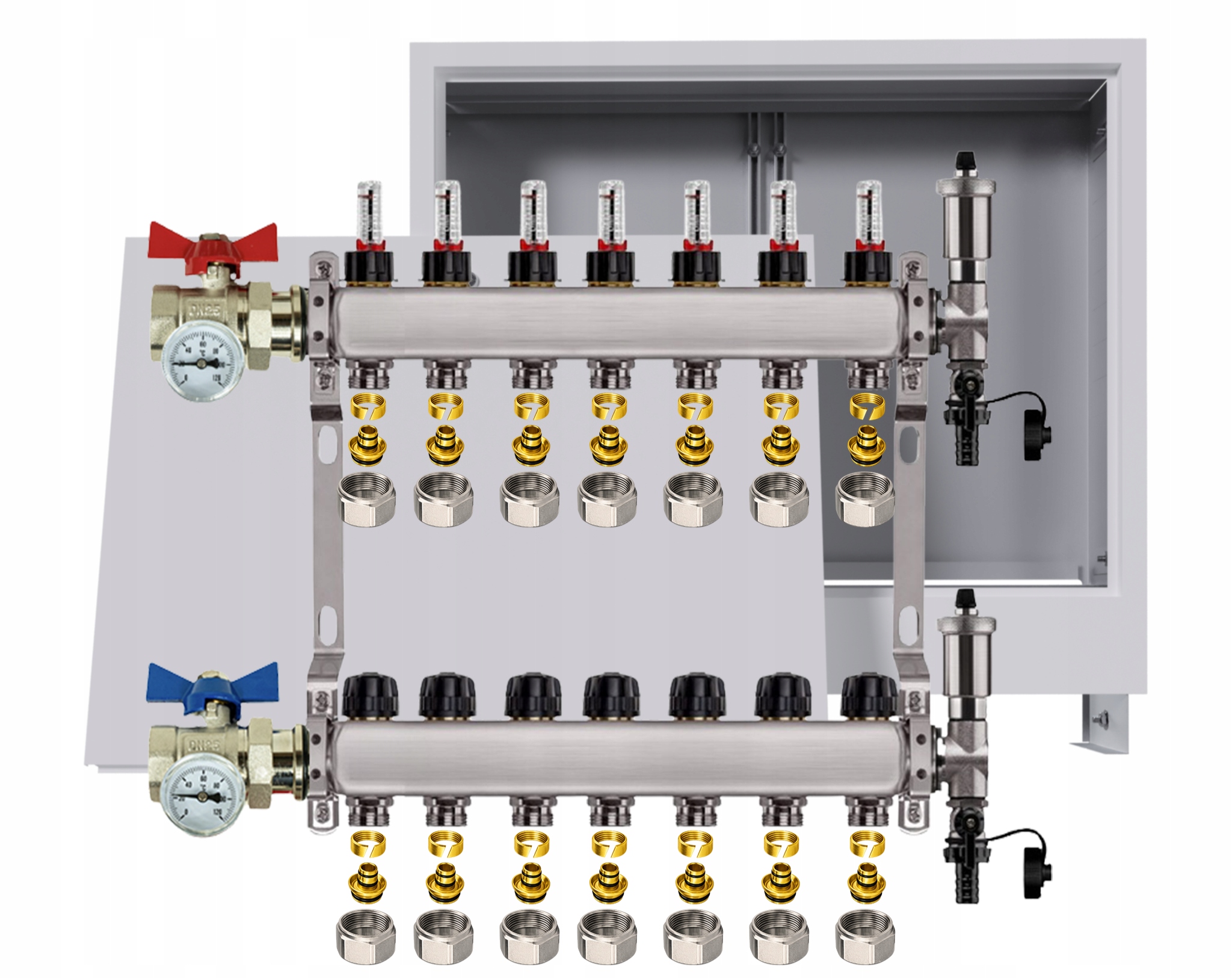 Rozdělovač nerezový Podlahovky 7 okruhů Podomítková skříňka Pex