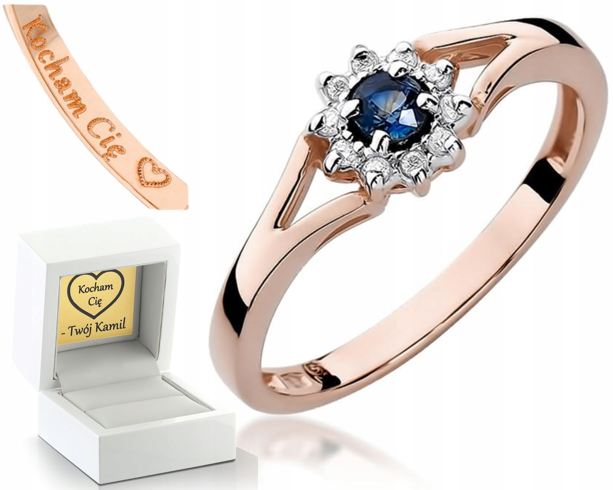 Prstýnek Safír Brilianty Růžové Zlato Gravírování 585