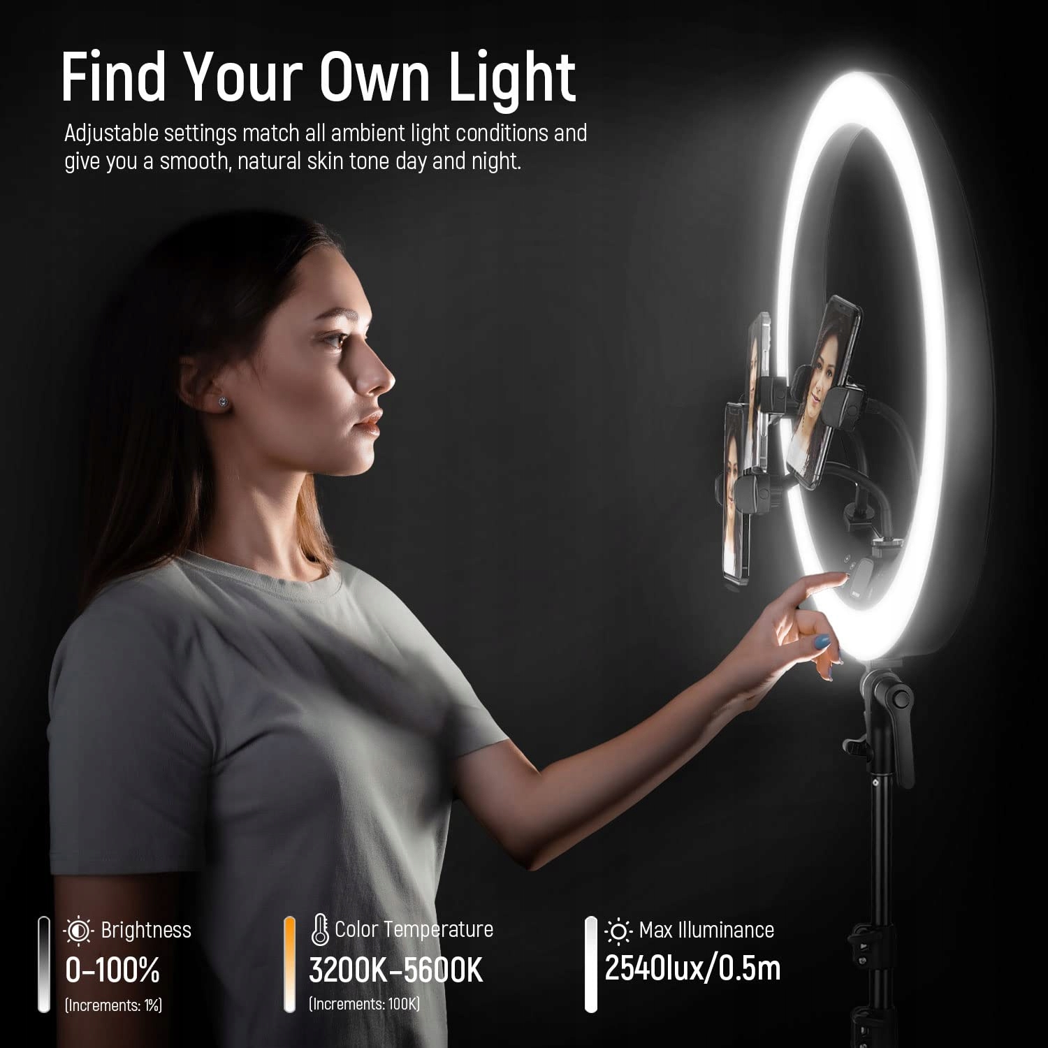 NEEWER Lampa Pierścieniowa 19 Cal z Stojakiem i 3 Uchwytami Telefonu 42W — miniatura 2