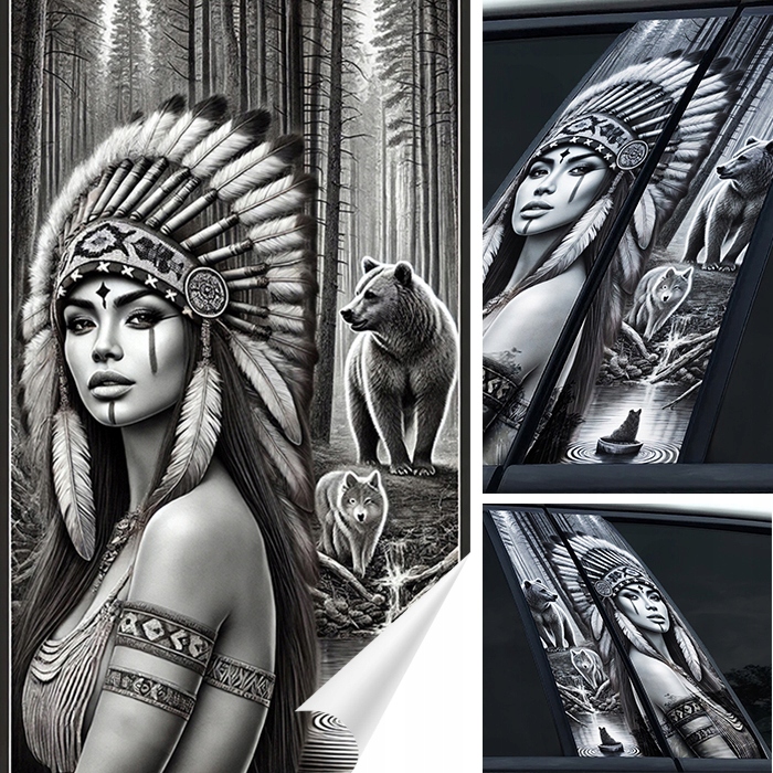 2x Samolepka na sloupky Sloupek dveří auta Indianka Vlk Medvěd 50x30