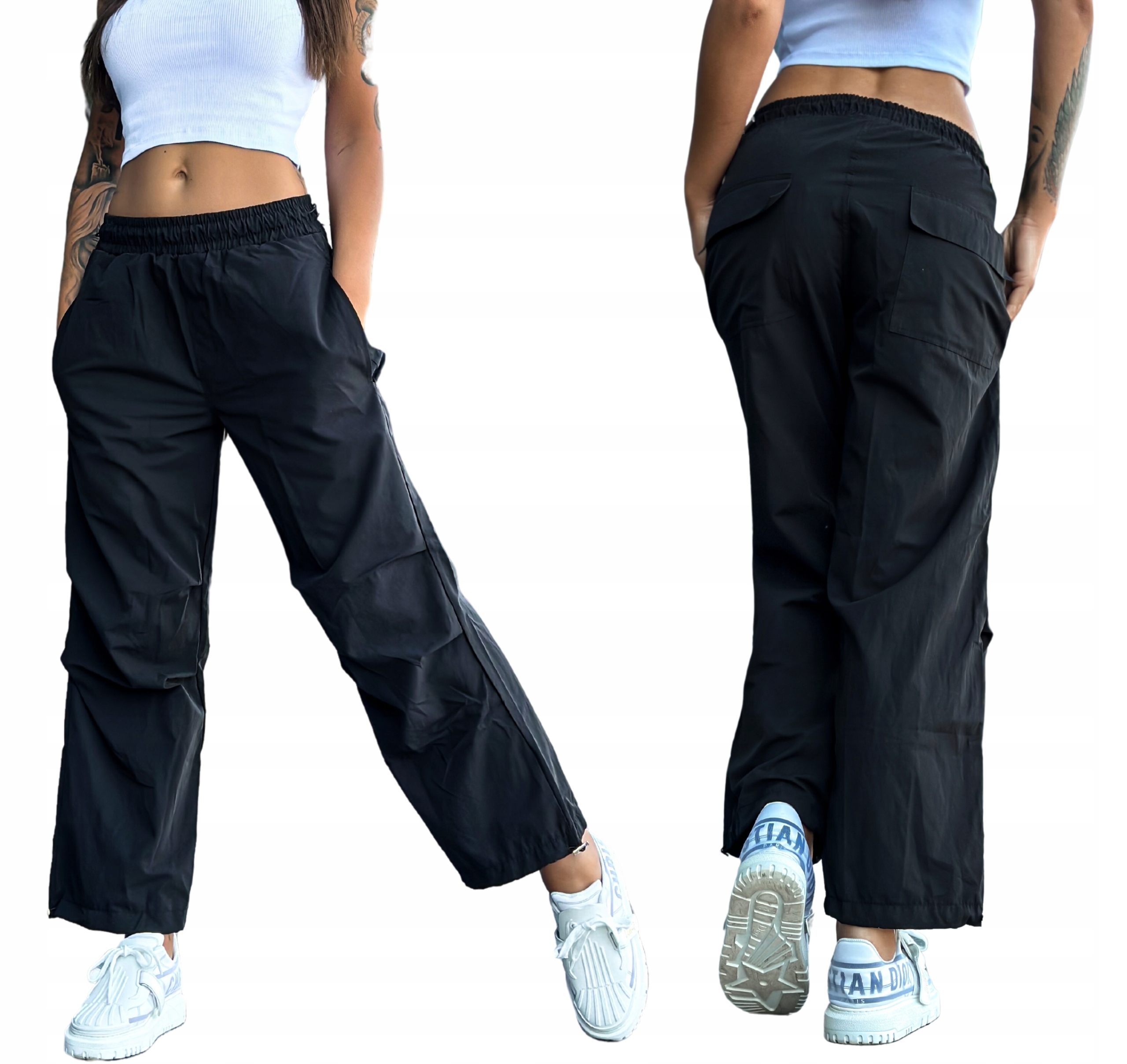 Spodnie damskie długie baggy joggery bojówki parachute cargo czarne L