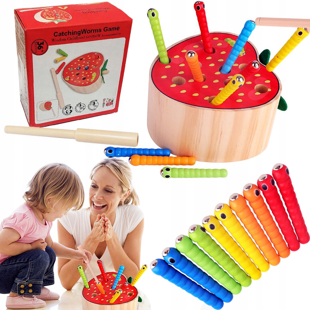GRA ZŁAP ROBACZKA DREWNO WYCIĄGNIJ ROBAKA MAGNETYCZNA DREWNIANA DLA DZIECI Szerokość produktu 24.5 cm