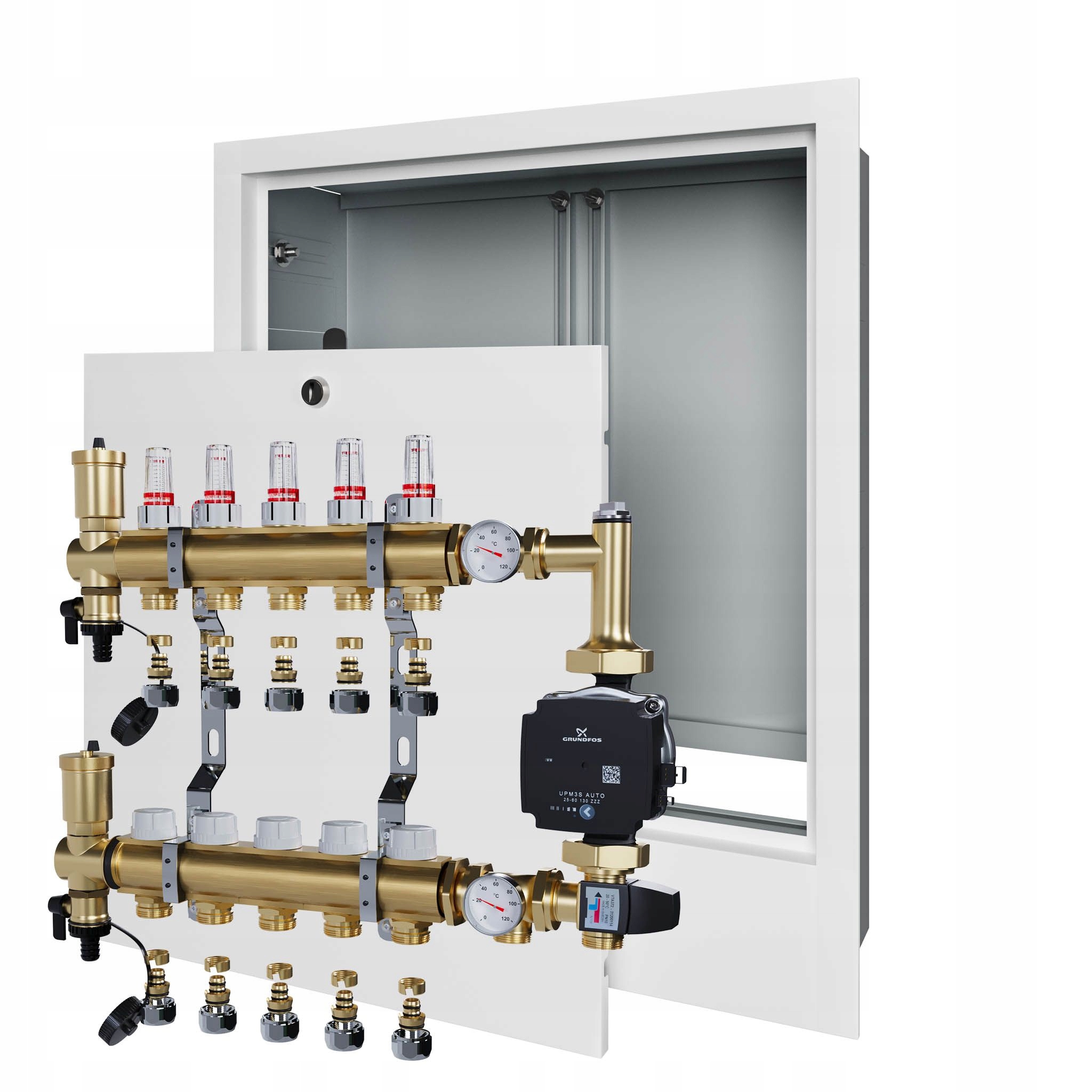 Rozdělovač pro podlahovku 5 s čerpadlem Grundfos a podomítkovou skříňkou Pex