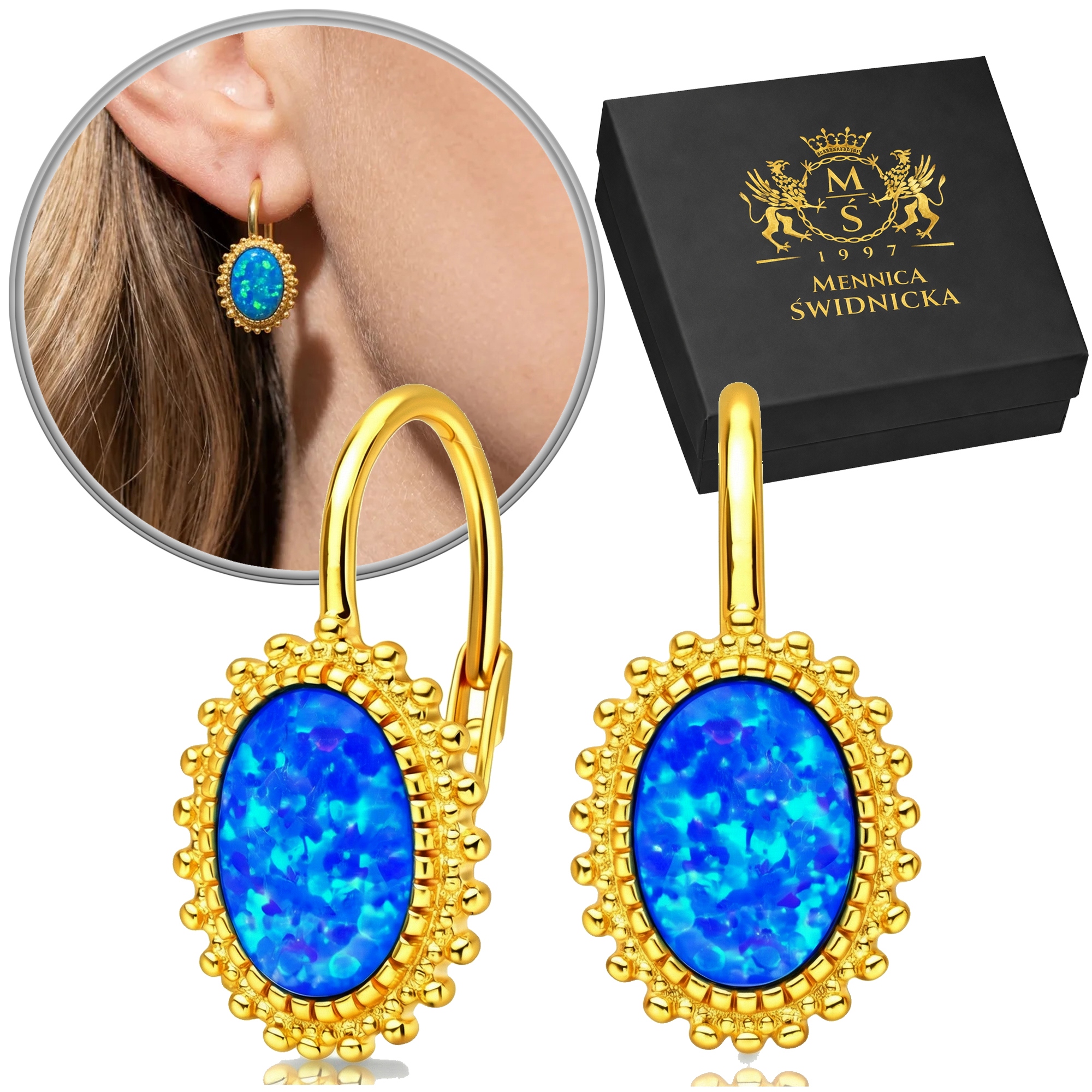 Srebrne 925 Kolczyki Niebieski Opal Pozłacane Wiszące z Opalem Angielskie