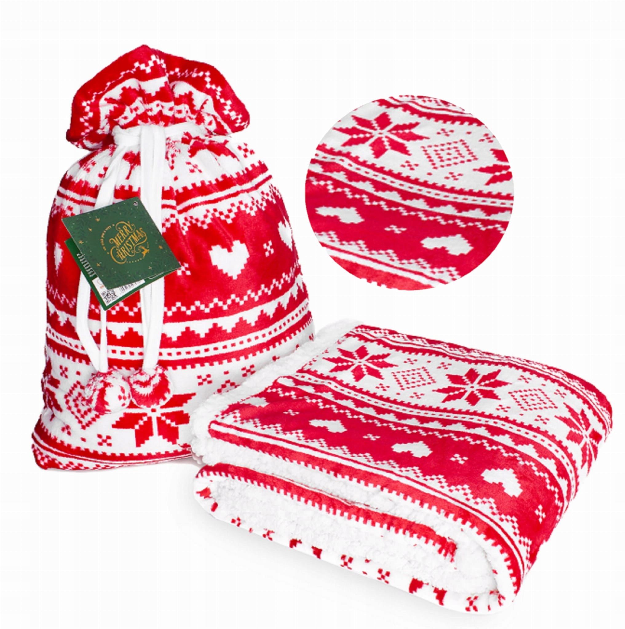 Vánoční deka 150x200 v sáčku červená, ozdobný dárkový saco