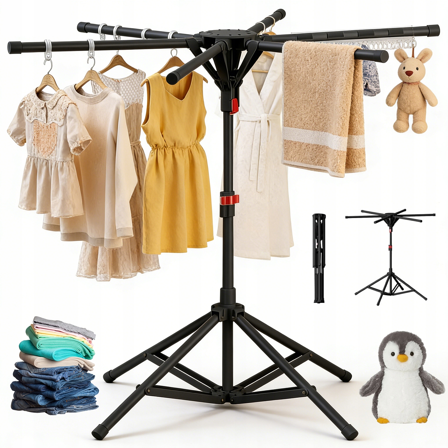 Rozkládací Stojan Na Prádlo, Nastavitelný, 120-170 CM, Černý, 6 Ramen